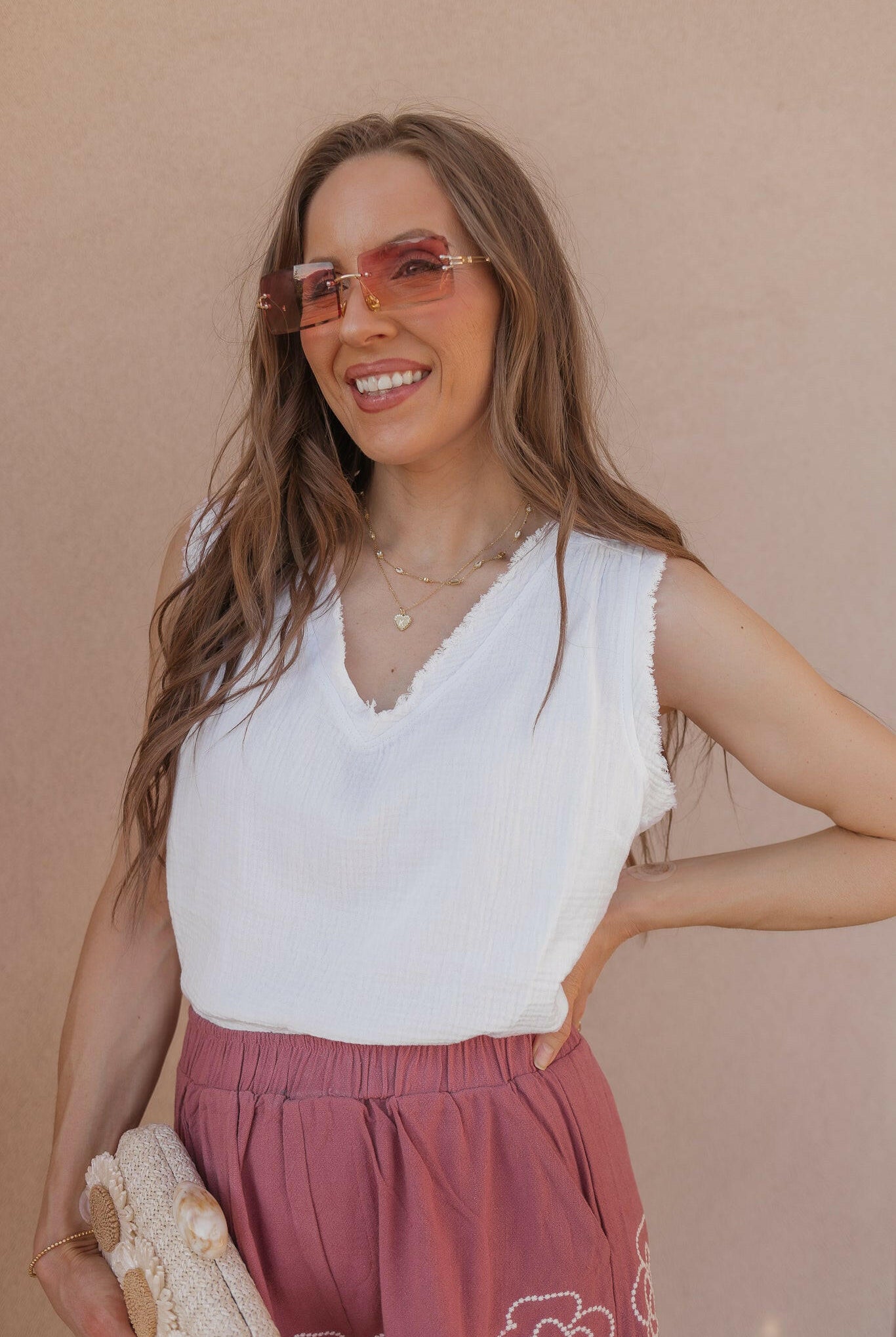 Double Gauze Raw Edge V-Neck Tank-Tanks-Krush Kandy, Women's Online Fashion Boutique Located in Phoenix, Arizona (Scottsdale Area)