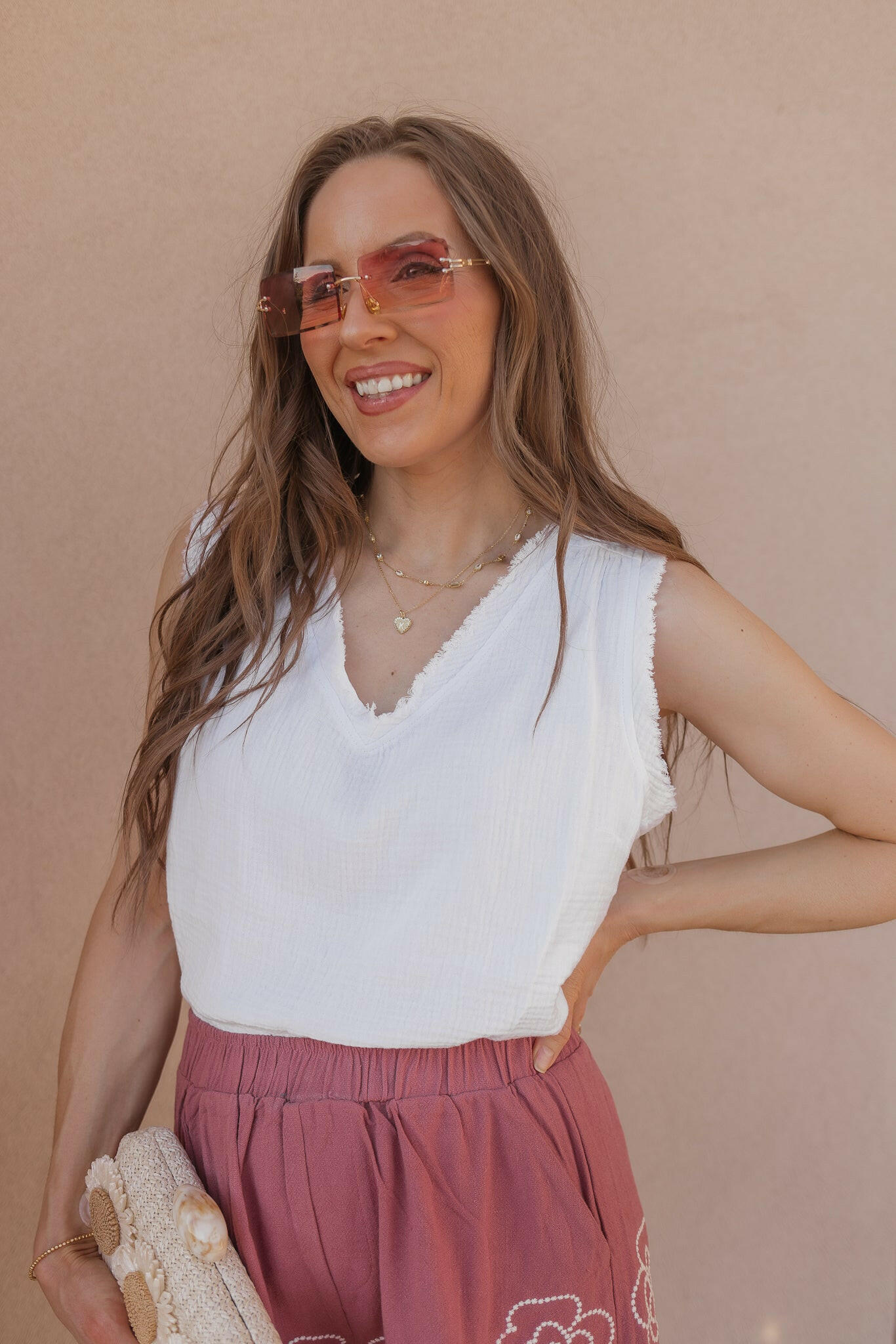 Double Gauze Raw Edge V-Neck Tank-Tanks-Krush Kandy, Women's Online Fashion Boutique Located in Phoenix, Arizona (Scottsdale Area)