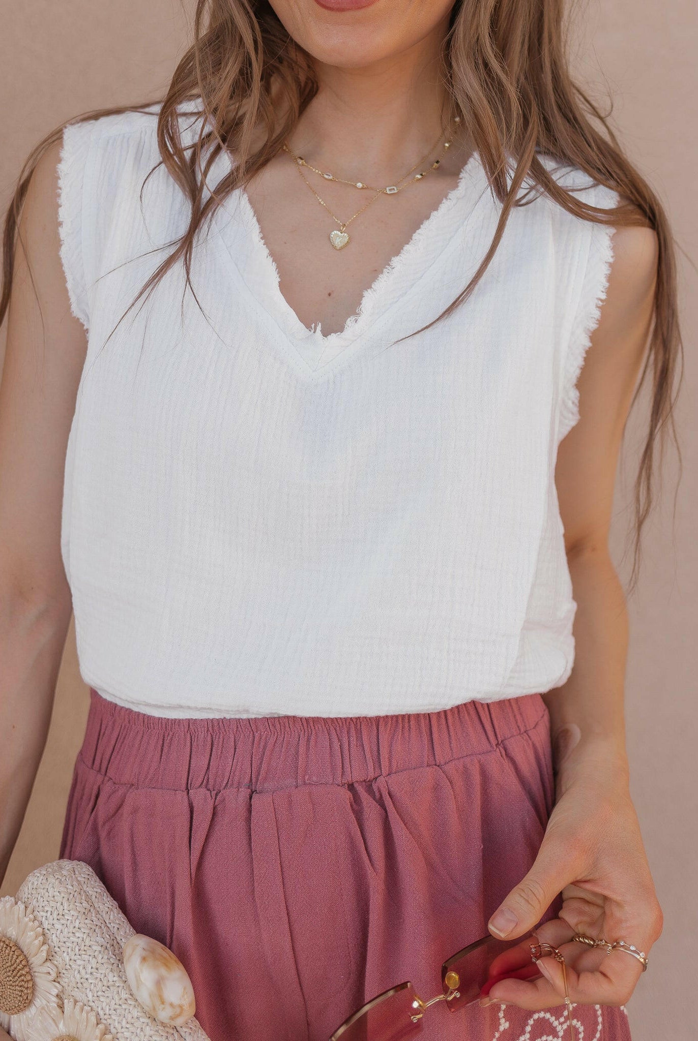 Double Gauze Raw Edge V-Neck Tank-Tanks-Krush Kandy, Women's Online Fashion Boutique Located in Phoenix, Arizona (Scottsdale Area)