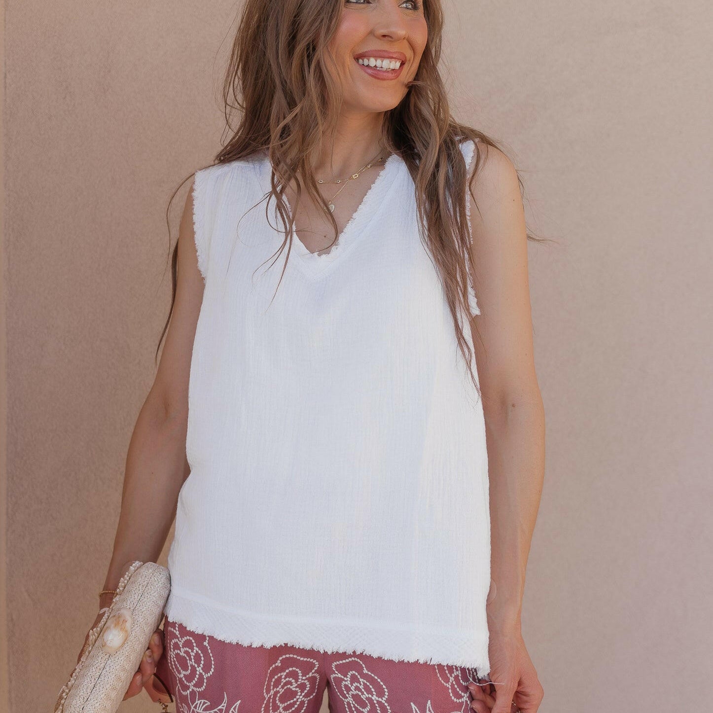 Double Gauze Raw Edge V-Neck Tank-Tanks-Krush Kandy, Women's Online Fashion Boutique Located in Phoenix, Arizona (Scottsdale Area)