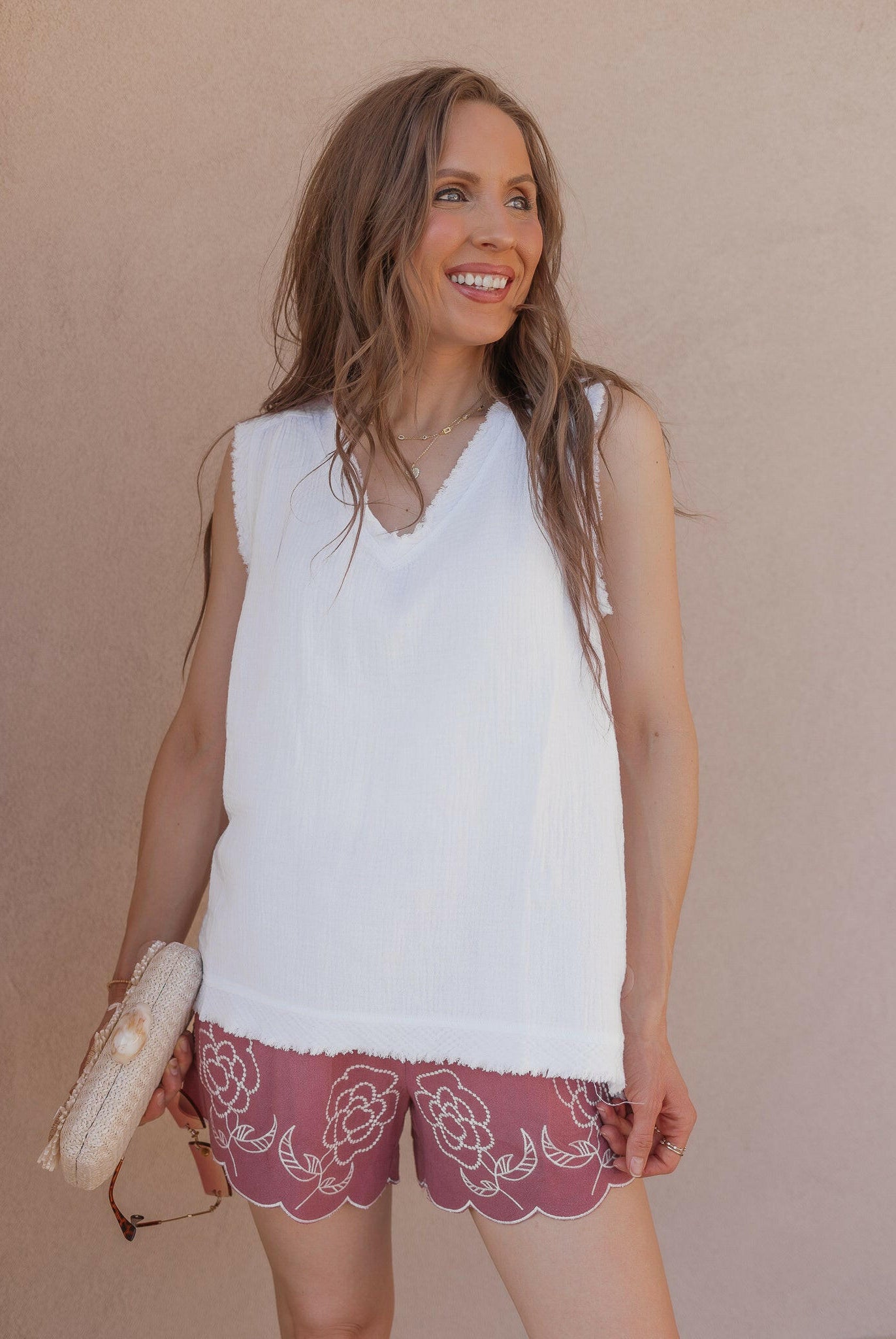 Double Gauze Raw Edge V-Neck Tank-Tanks-Krush Kandy, Women's Online Fashion Boutique Located in Phoenix, Arizona (Scottsdale Area)