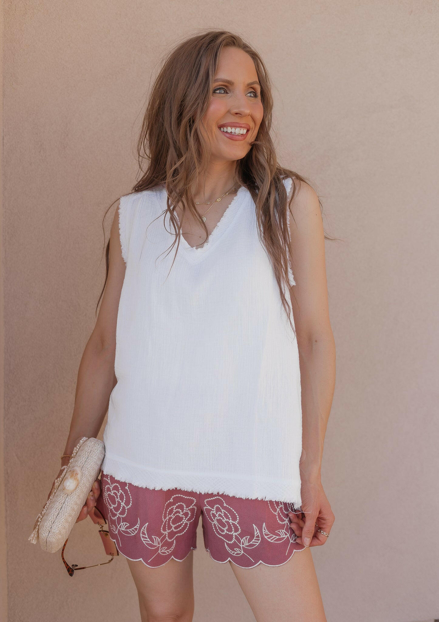 Double Gauze Raw Edge V-Neck Tank-Tanks-Krush Kandy, Women's Online Fashion Boutique Located in Phoenix, Arizona (Scottsdale Area)