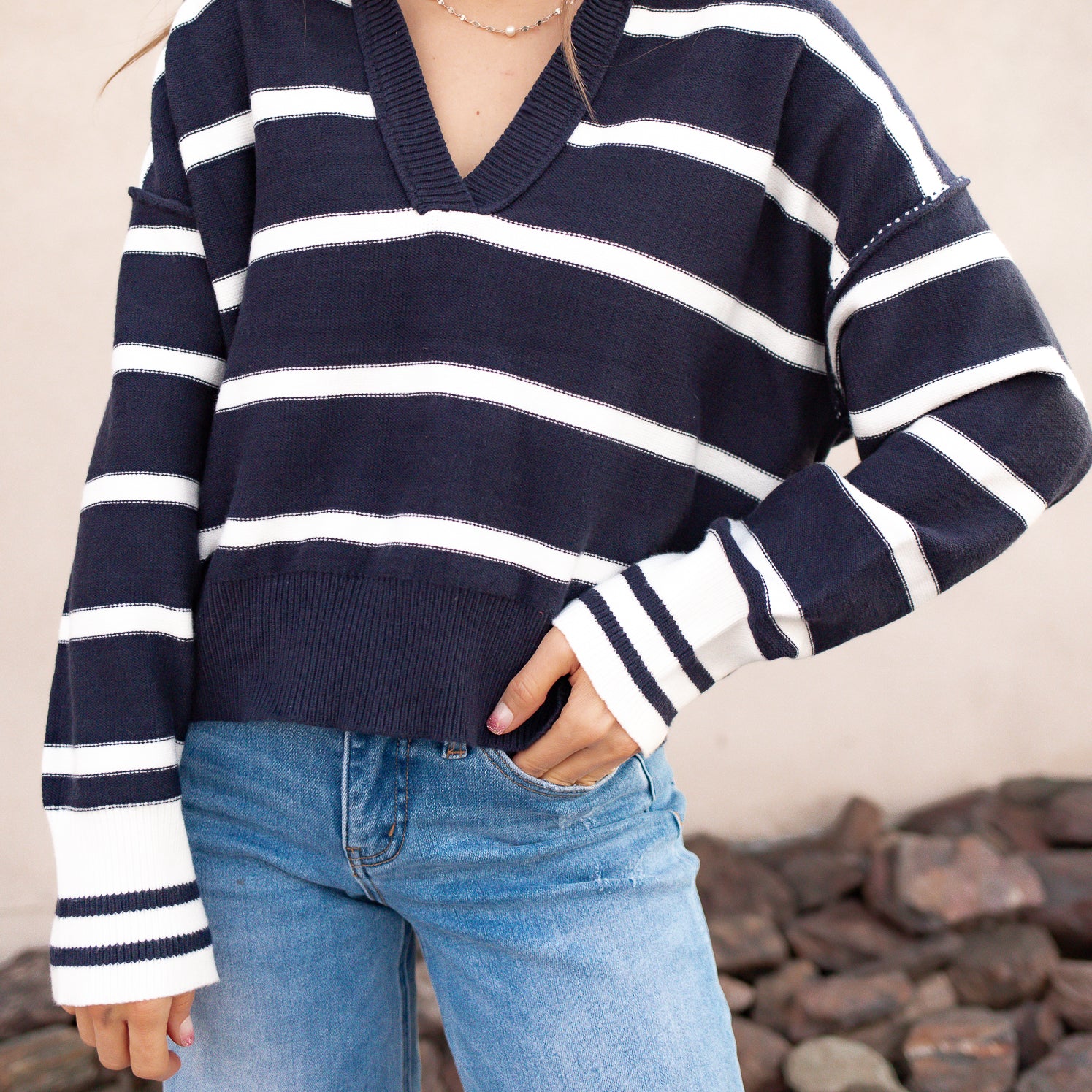 Valerie Stripe Long Sleeve Collar Sweater-Sweater-Krush Kandy, Women's Online Fashion Boutique Located in Phoenix, Arizona (Scottsdale Area)