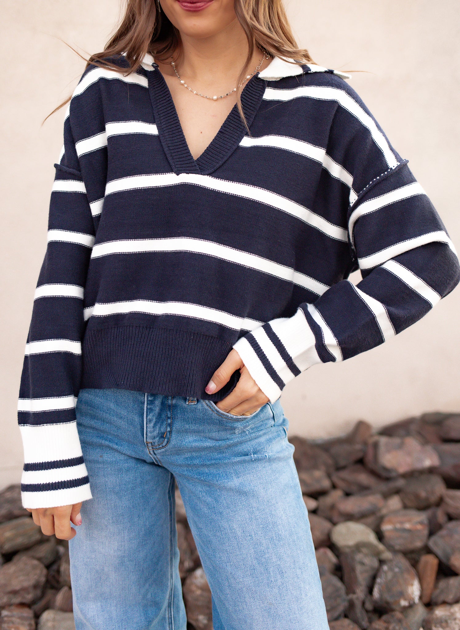 Valerie Stripe Long Sleeve Collar Sweater-Sweater-Krush Kandy, Women's Online Fashion Boutique Located in Phoenix, Arizona (Scottsdale Area)