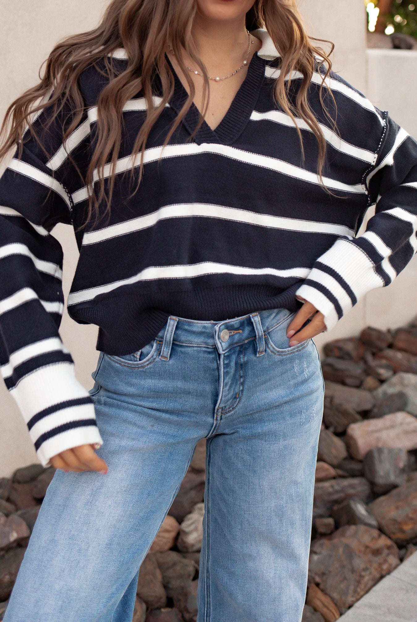 Valerie Stripe Long Sleeve Collar Sweater-Sweater-Krush Kandy, Women's Online Fashion Boutique Located in Phoenix, Arizona (Scottsdale Area)