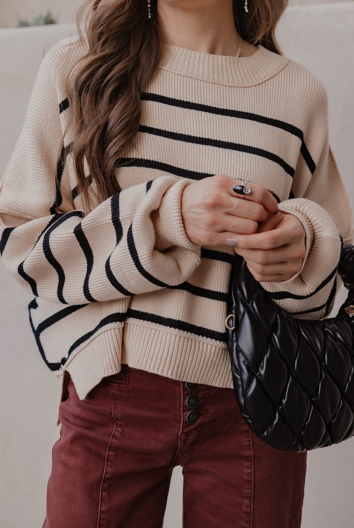 Round Neck Striped Side Slit Lantern Sleeve Sweater-Sweater-Krush Kandy, Women's Online Fashion Boutique Located in Phoenix, Arizona (Scottsdale Area)