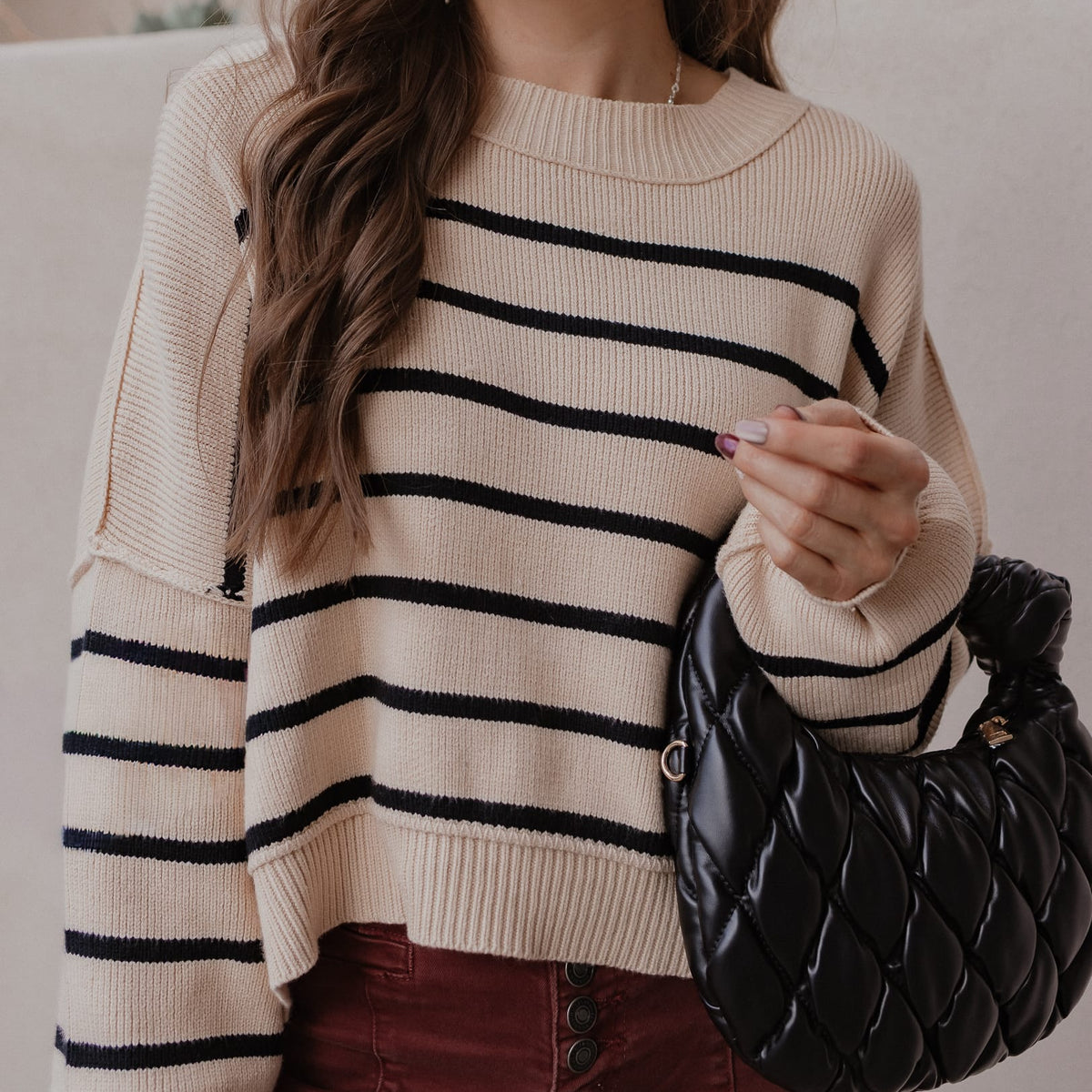 Round Neck Striped Side Slit Lantern Sleeve Sweater-Sweater-Krush Kandy, Women's Online Fashion Boutique Located in Phoenix, Arizona (Scottsdale Area)