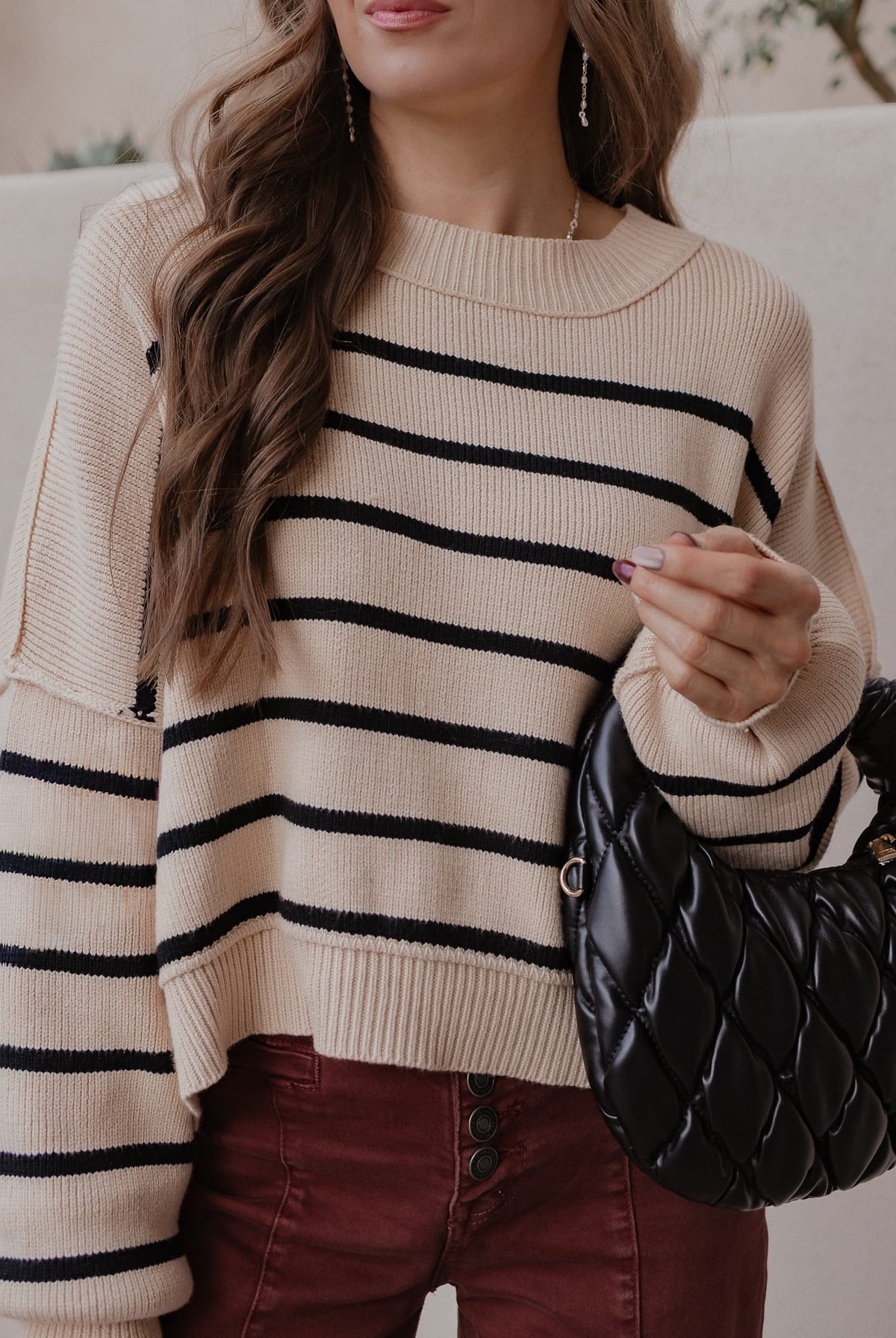 Round Neck Striped Side Slit Lantern Sleeve Sweater-Sweater-Krush Kandy, Women's Online Fashion Boutique Located in Phoenix, Arizona (Scottsdale Area)