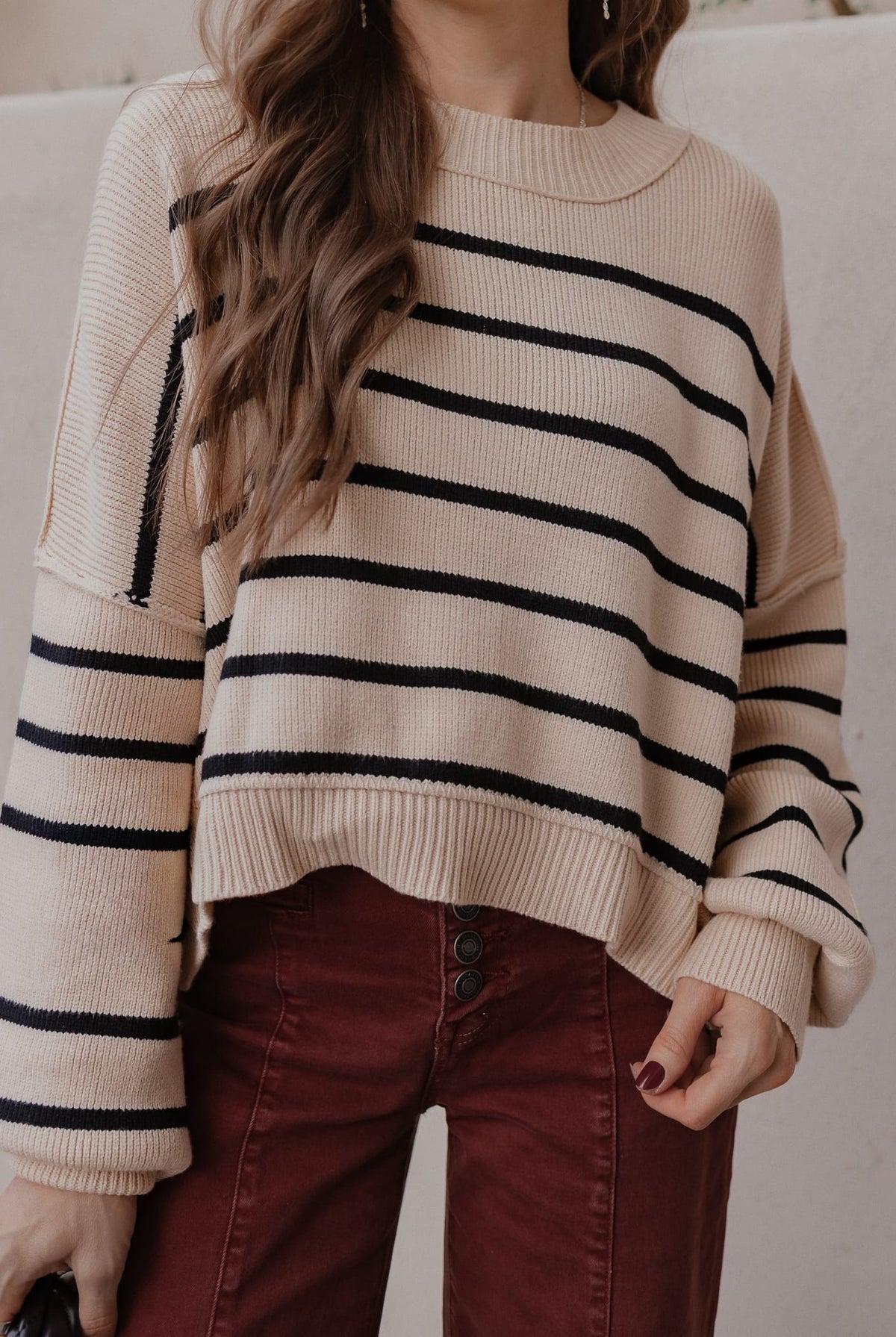 Round Neck Striped Side Slit Lantern Sleeve Sweater-Sweater-Krush Kandy, Women's Online Fashion Boutique Located in Phoenix, Arizona (Scottsdale Area)