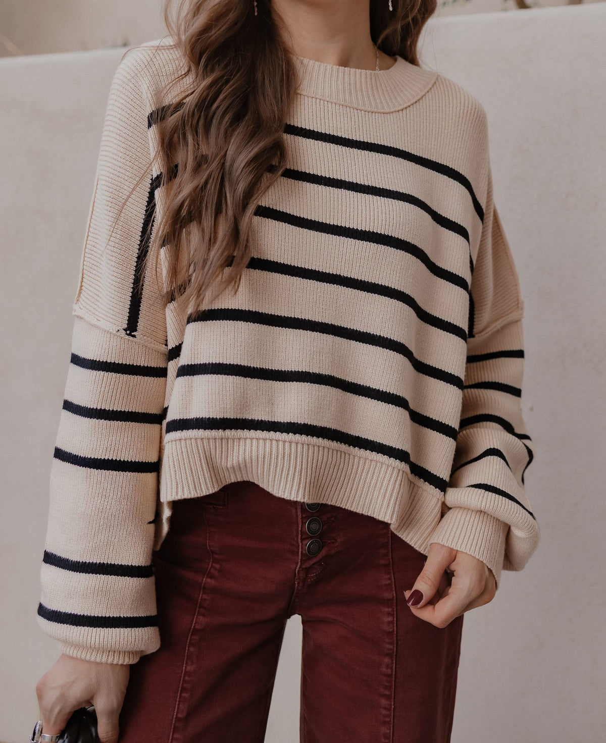 Round Neck Striped Side Slit Lantern Sleeve Sweater-Sweater-Krush Kandy, Women's Online Fashion Boutique Located in Phoenix, Arizona (Scottsdale Area)