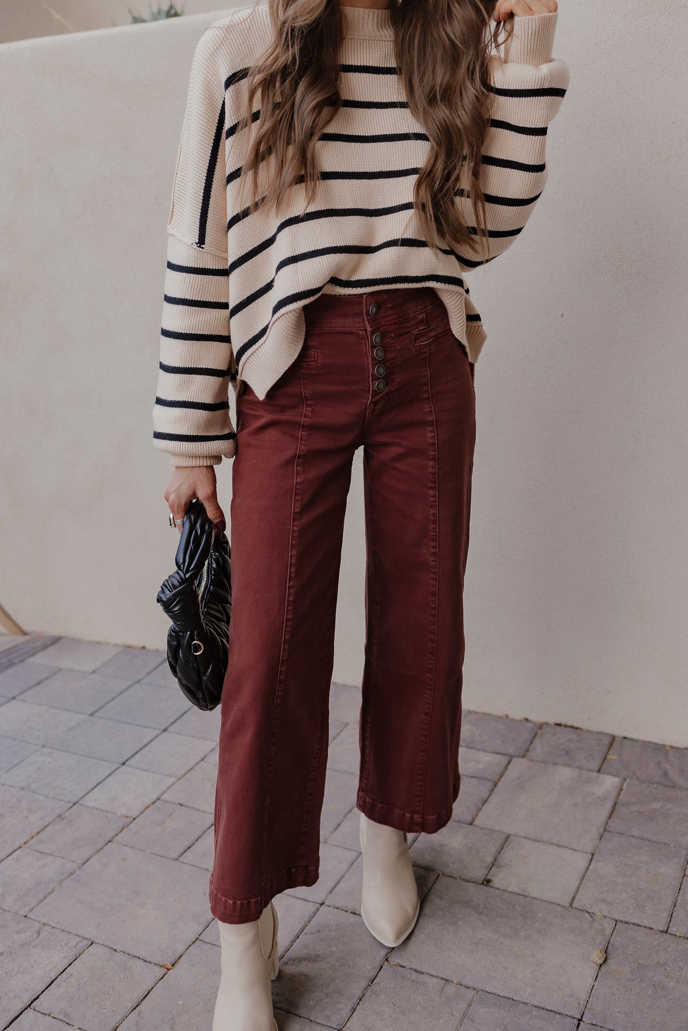 Round Neck Striped Side Slit Lantern Sleeve Sweater-Sweater-Krush Kandy, Women's Online Fashion Boutique Located in Phoenix, Arizona (Scottsdale Area)