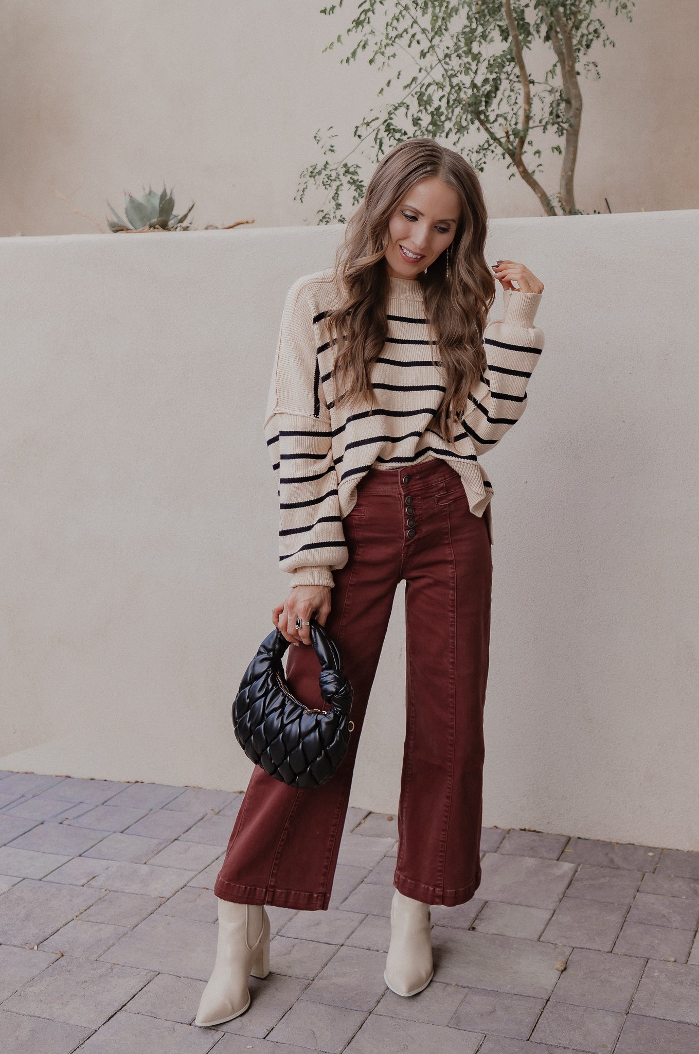 Round Neck Striped Side Slit Lantern Sleeve Sweater-Sweater-Krush Kandy, Women's Online Fashion Boutique Located in Phoenix, Arizona (Scottsdale Area)