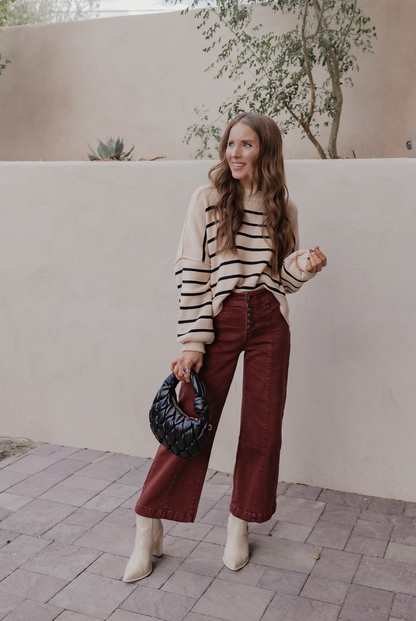 Round Neck Striped Side Slit Lantern Sleeve Sweater-Sweater-Krush Kandy, Women's Online Fashion Boutique Located in Phoenix, Arizona (Scottsdale Area)