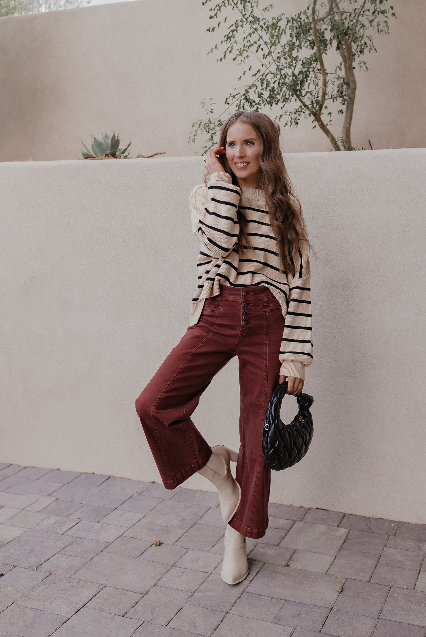 Round Neck Striped Side Slit Lantern Sleeve Sweater-Sweater-Krush Kandy, Women's Online Fashion Boutique Located in Phoenix, Arizona (Scottsdale Area)