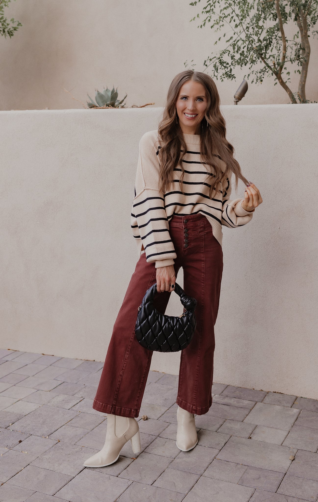 Round Neck Striped Side Slit Lantern Sleeve Sweater-Sweater-Krush Kandy, Women's Online Fashion Boutique Located in Phoenix, Arizona (Scottsdale Area)