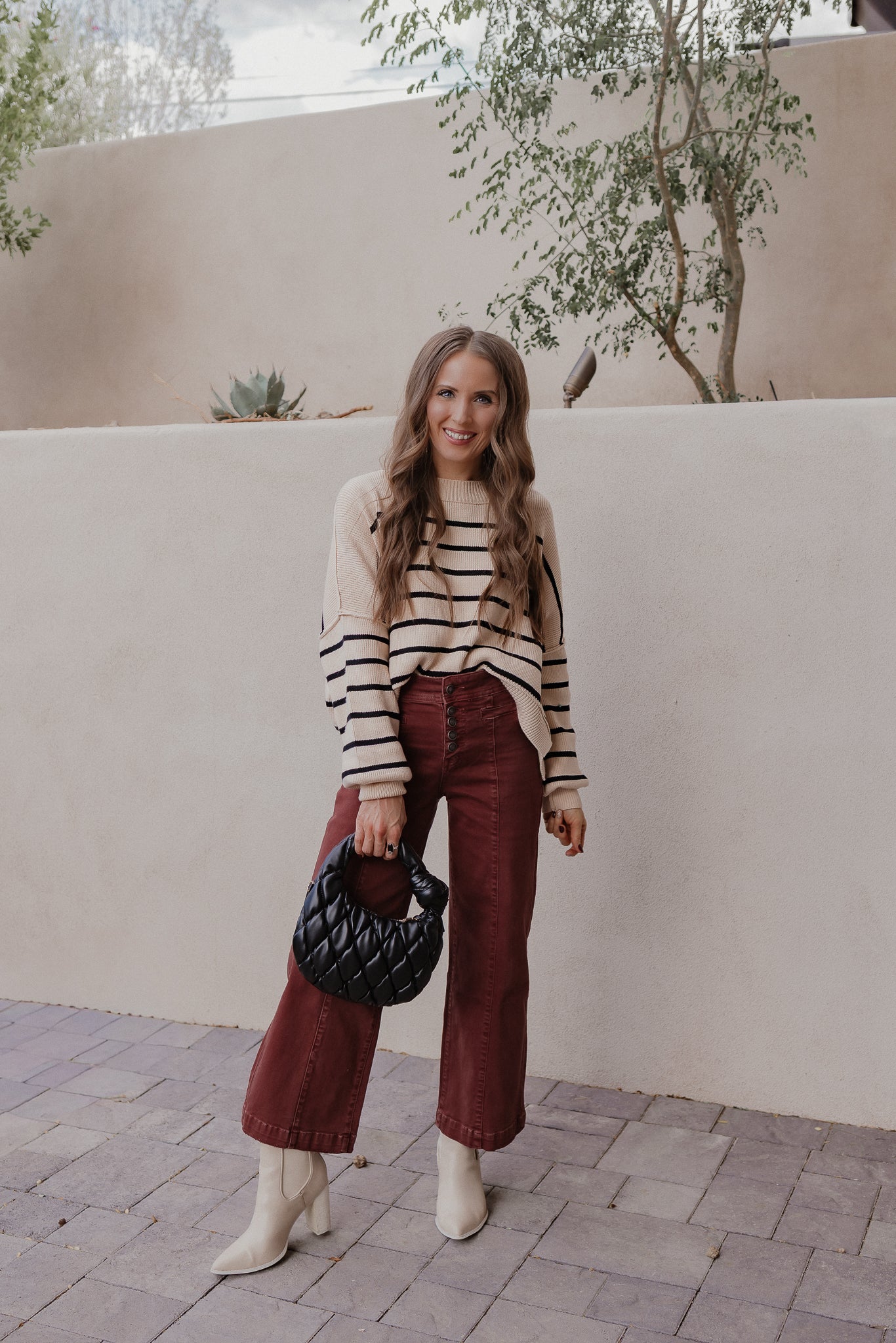 Round Neck Striped Side Slit Lantern Sleeve Sweater-Sweater-Krush Kandy, Women's Online Fashion Boutique Located in Phoenix, Arizona (Scottsdale Area)