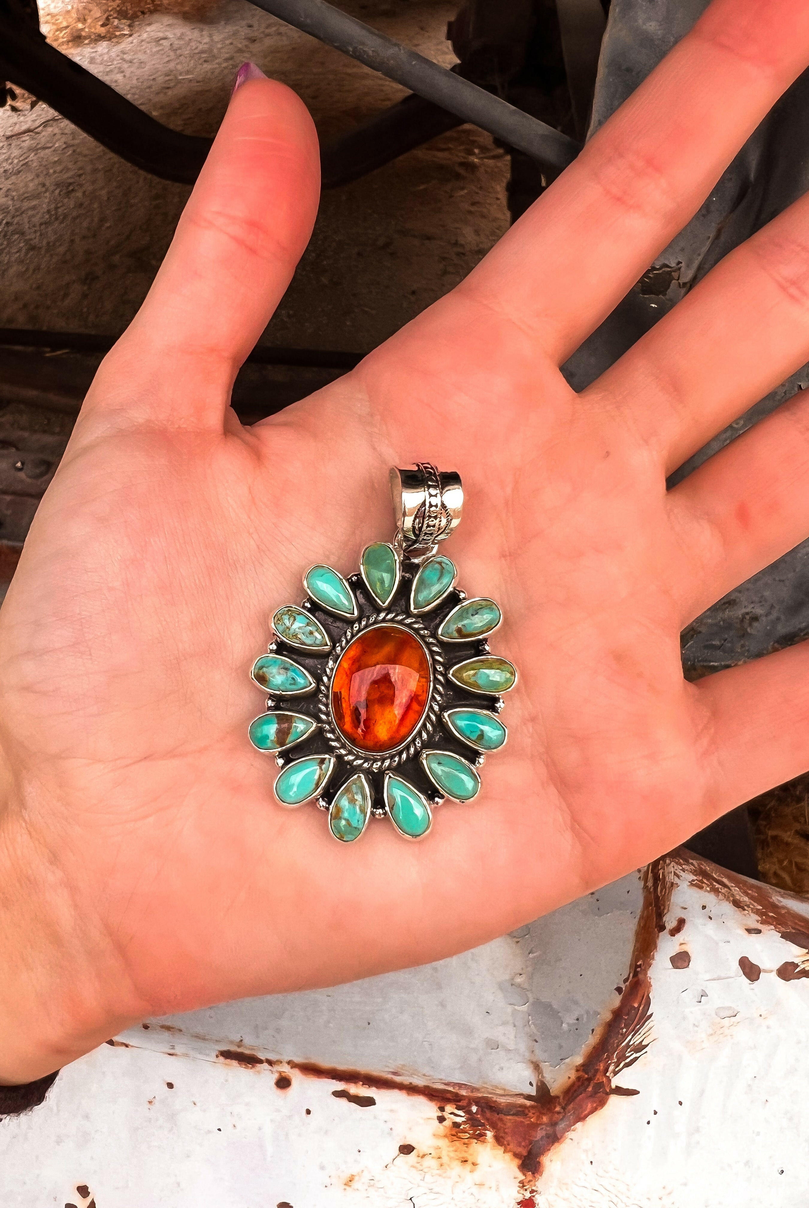Turquoise & Amber Pendant-Krush Kandy, Women's Online Fashion Boutique Located in Phoenix, Arizona (Scottsdale Area)