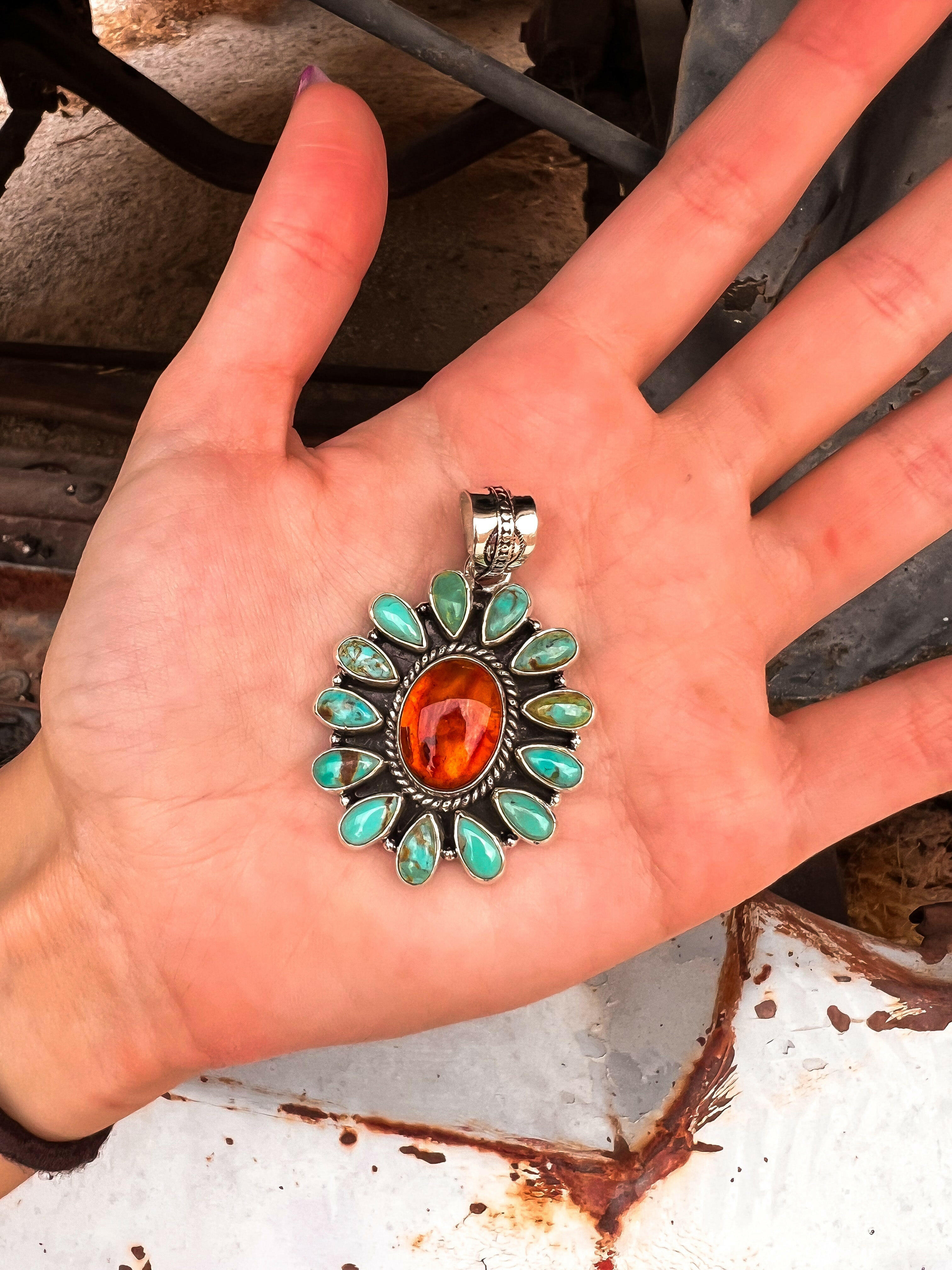 Turquoise & Amber Pendant-Krush Kandy, Women's Online Fashion Boutique Located in Phoenix, Arizona (Scottsdale Area)