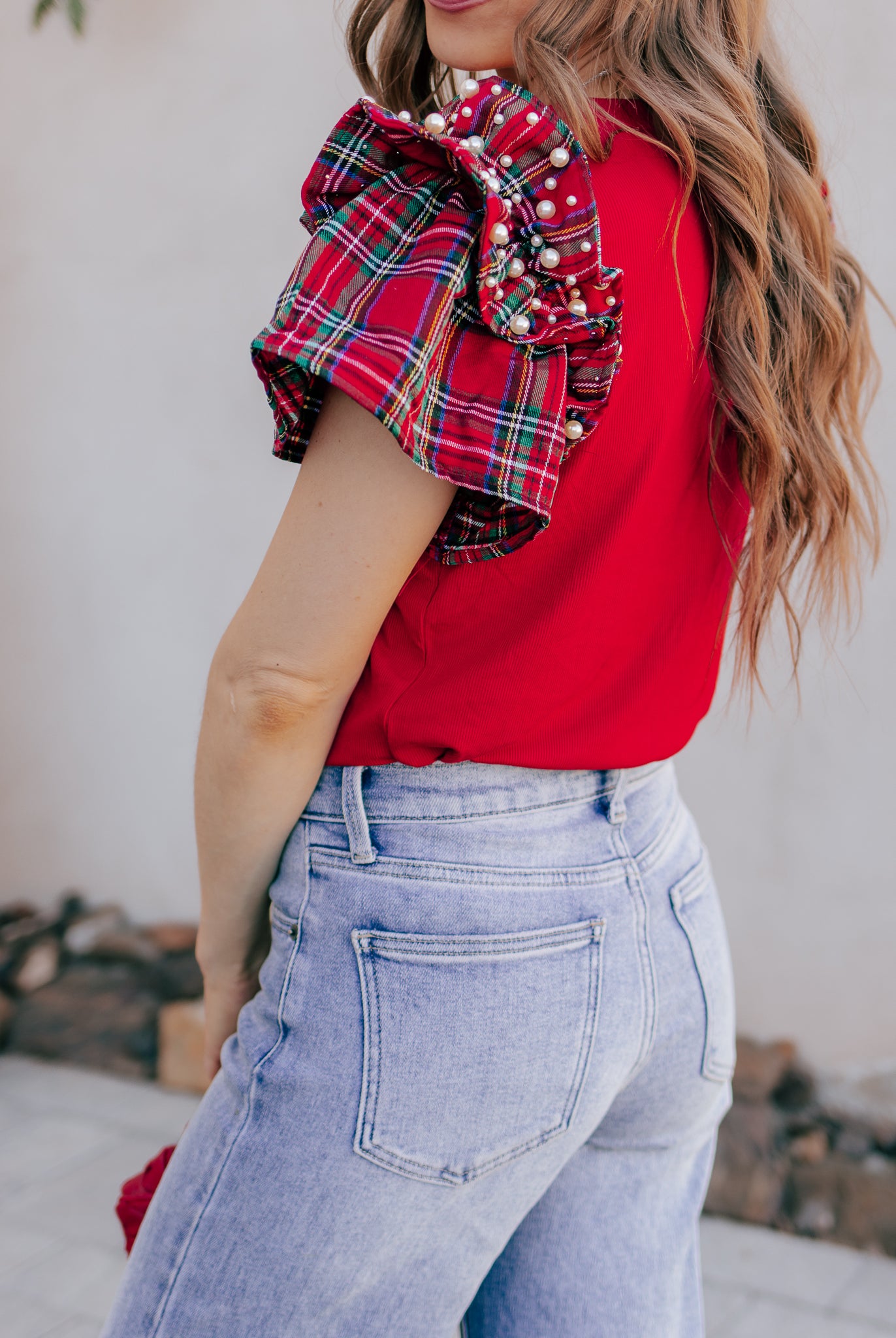 Plaid Pearl Ruffle Short Sleeve Loose T Shirt-Tops-Krush Kandy, Women's Online Fashion Boutique Located in Phoenix, Arizona (Scottsdale Area)