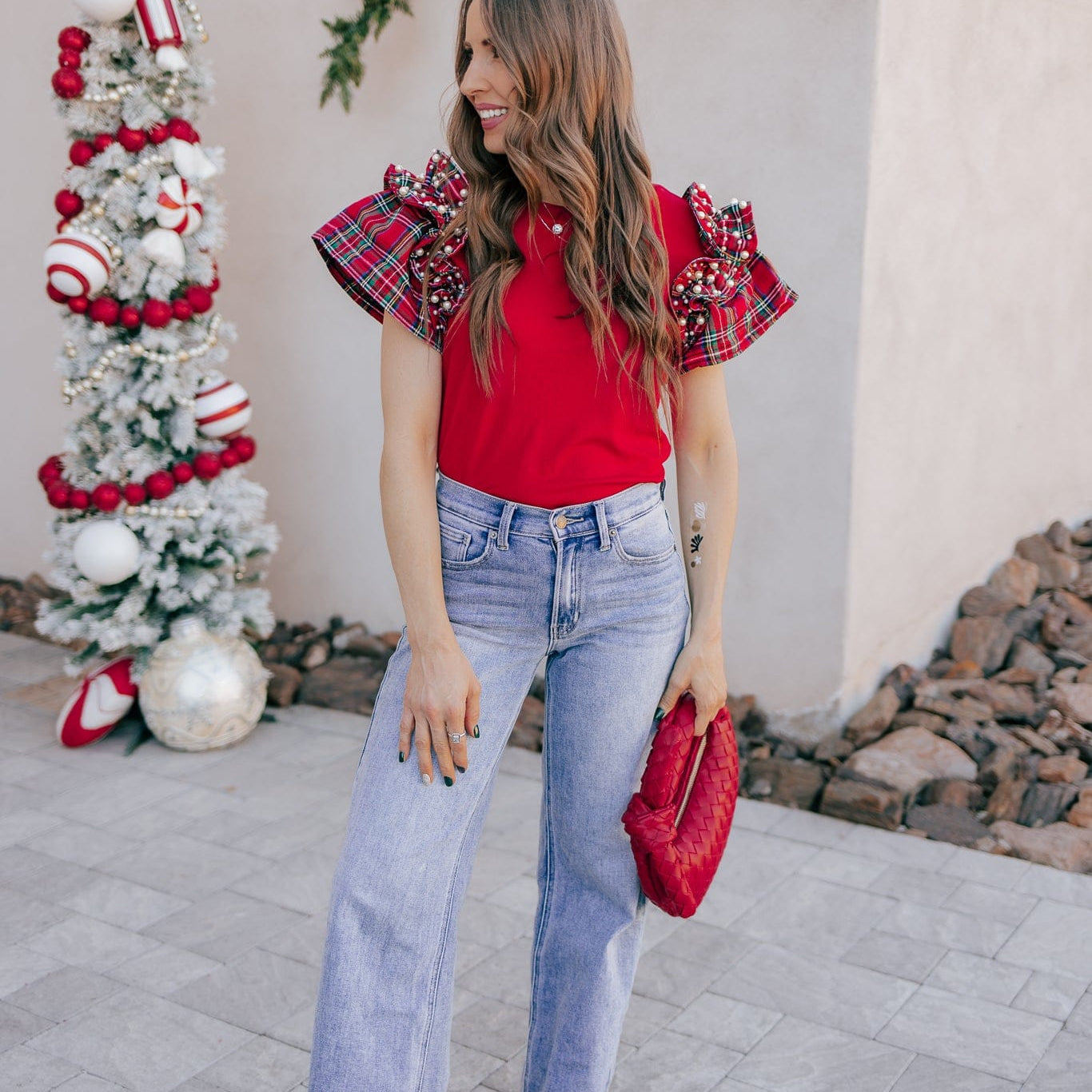 Plaid Pearl Ruffle Short Sleeve Loose T Shirt-Tops-Krush Kandy, Women's Online Fashion Boutique Located in Phoenix, Arizona (Scottsdale Area)