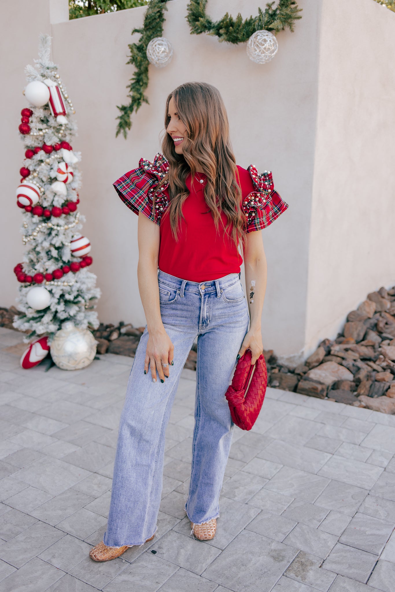 Plaid Pearl Ruffle Short Sleeve Loose T Shirt-Tops-Krush Kandy, Women's Online Fashion Boutique Located in Phoenix, Arizona (Scottsdale Area)