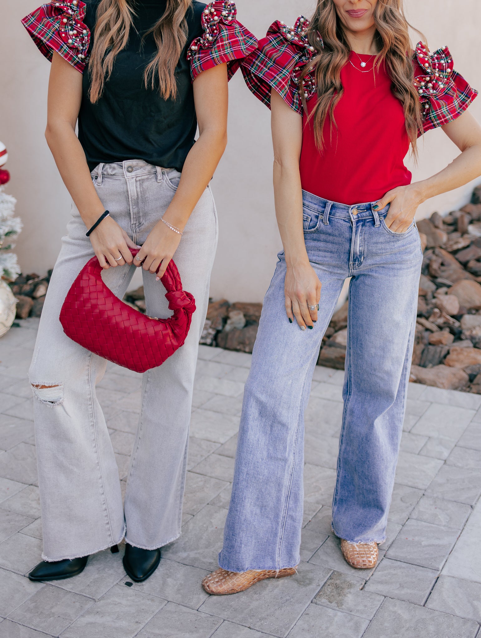 Plaid Pearl Ruffle Short Sleeve Loose T Shirt-Tops-Krush Kandy, Women's Online Fashion Boutique Located in Phoenix, Arizona (Scottsdale Area)