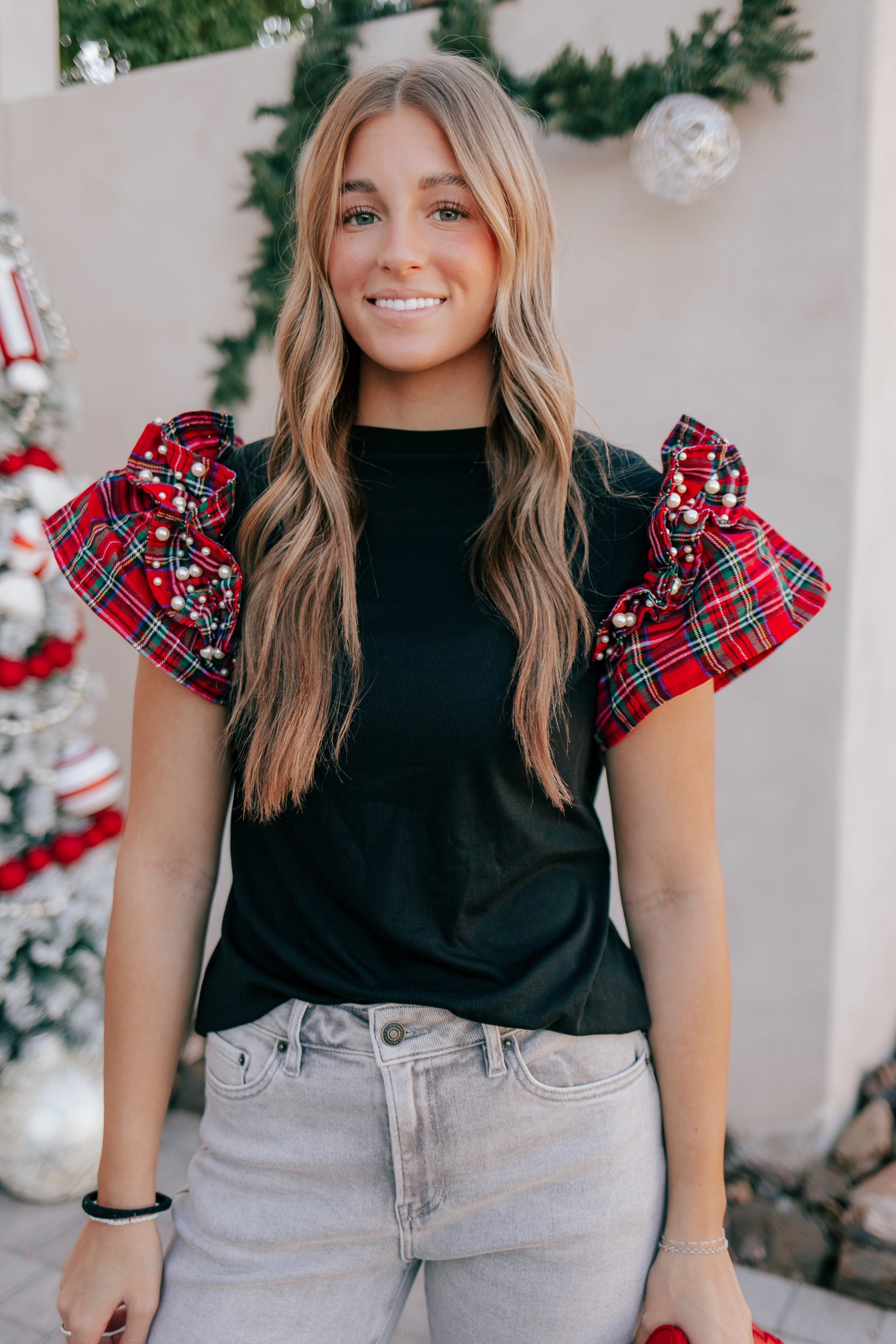 Plaid Pearl Ruffle Short Sleeve Loose T Shirt-Tops-Krush Kandy, Women's Online Fashion Boutique Located in Phoenix, Arizona (Scottsdale Area)