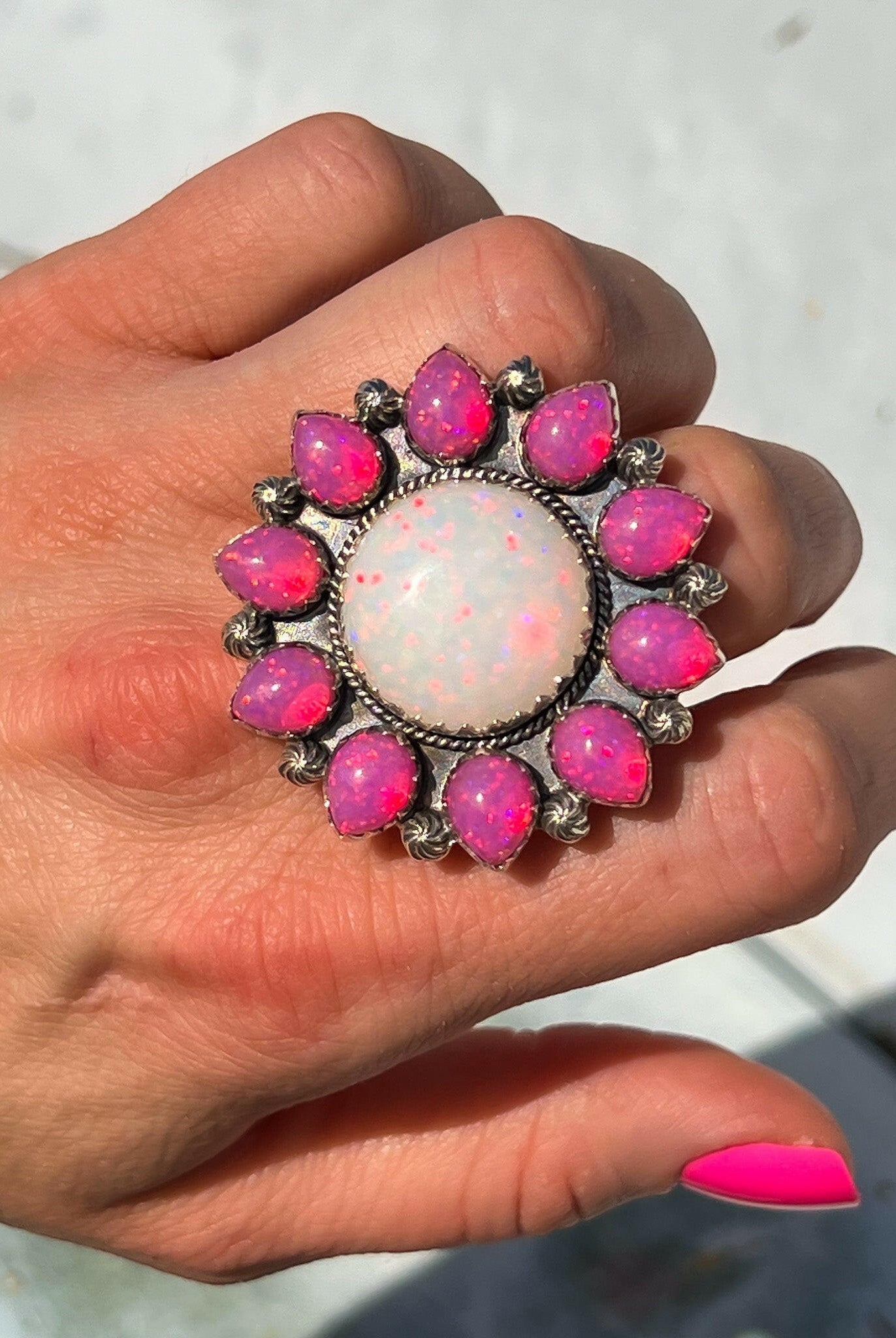 Pink & White Opal Sunflower Cluster Sterling Silver Ring-Krush Kandy, Women's Online Fashion Boutique Located in Phoenix, Arizona (Scottsdale Area)