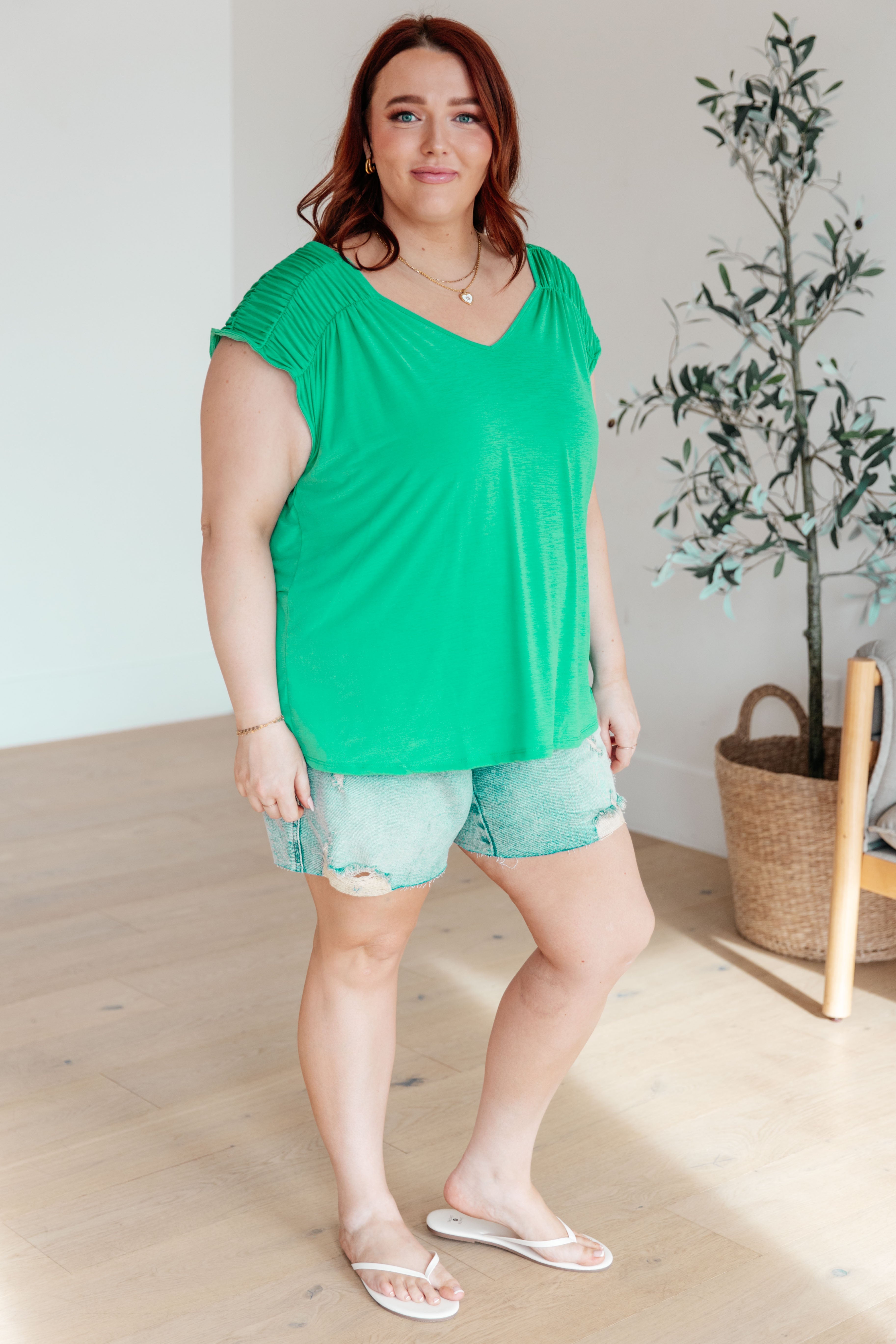 Ruched Cap Sleeve Top in Emerald-Short Sleeve Tops-Krush Kandy, Women's Online Fashion Boutique Located in Phoenix, Arizona (Scottsdale Area)