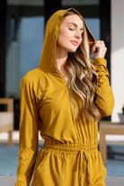 Getting Out Long Sleeve Hoodie Romper Gold Spice-Jumpsuits & Rompers-Krush Kandy, Women's Online Fashion Boutique Located in Phoenix, Arizona (Scottsdale Area)
