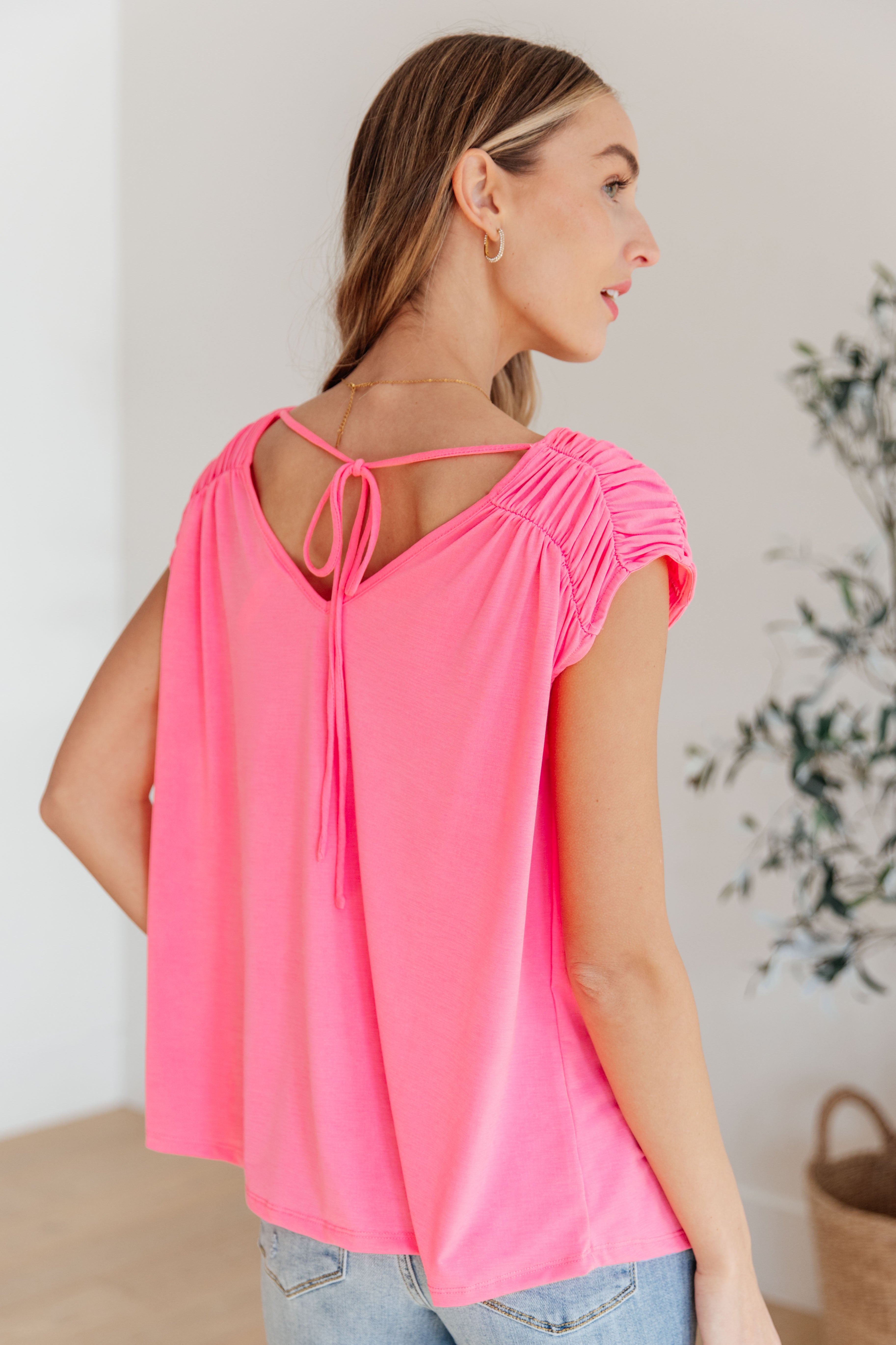 Ruched Cap Sleeve Top in Neon Pink-Short Sleeve Tops-Krush Kandy, Women's Online Fashion Boutique Located in Phoenix, Arizona (Scottsdale Area)