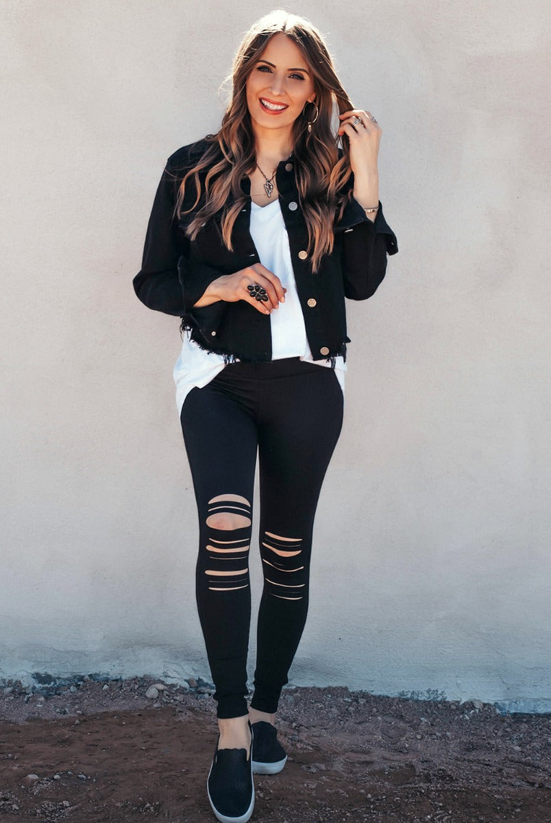 No Need To Stress Distressed Knee High-Waist Leggings-Leggings-Krush Kandy, Women's Online Fashion Boutique Located in Phoenix, Arizona (Scottsdale Area)