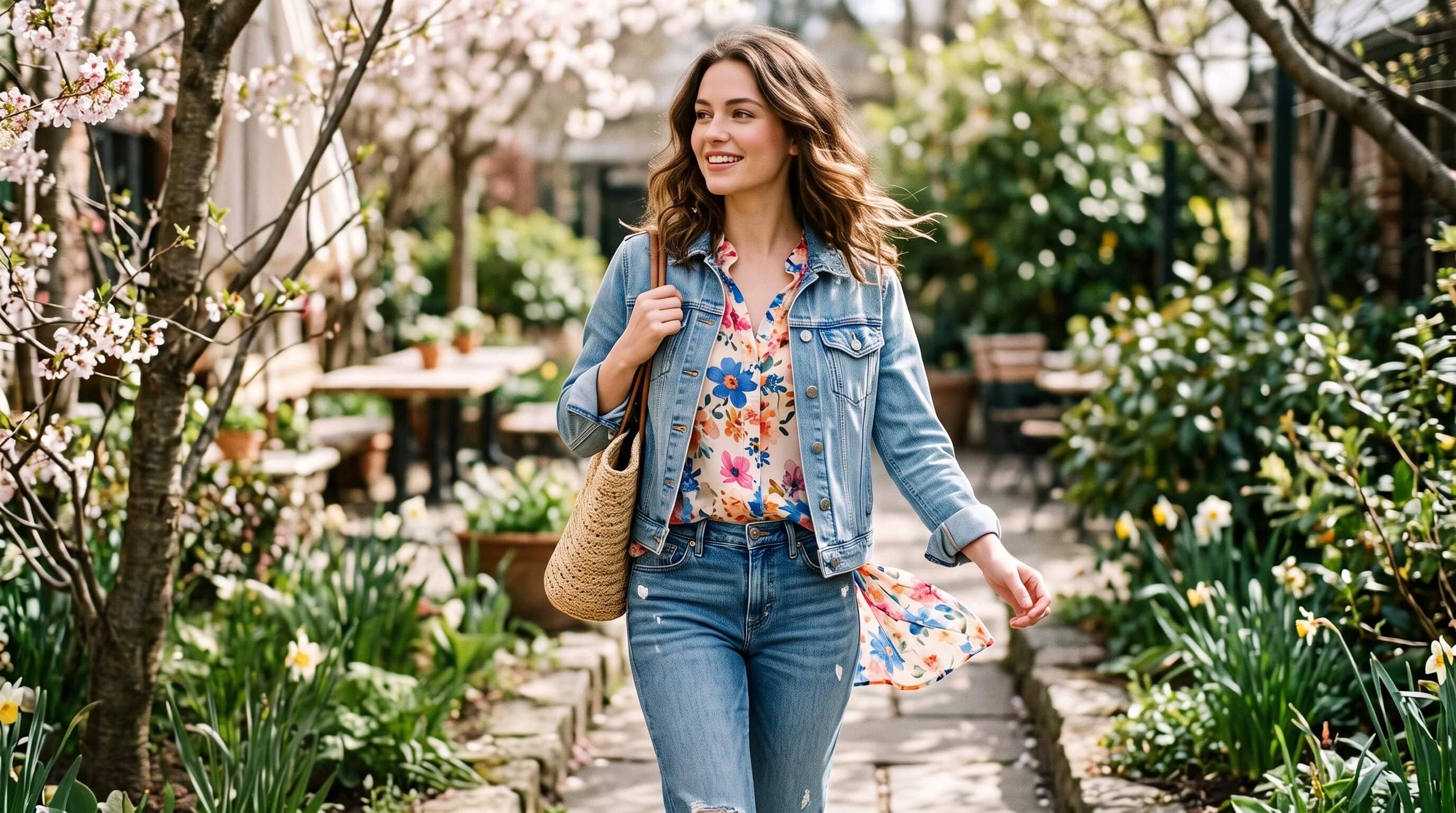 Woman in floral chiffon blouse and denim jacket walking in a spring garden.