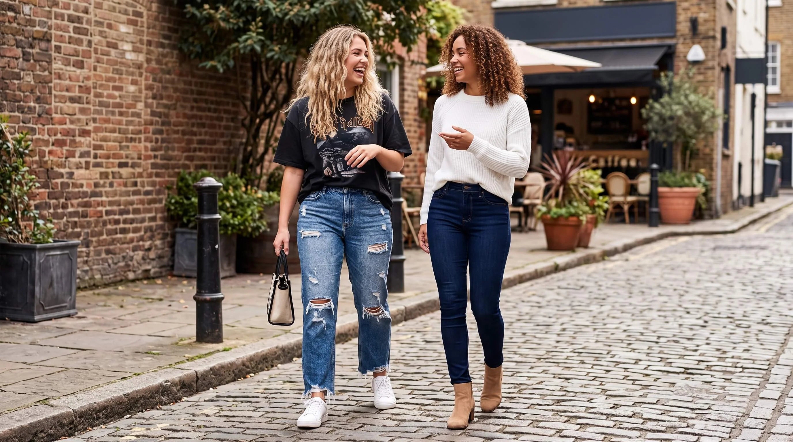 Two smiling women walking on a cobbled street, one in ripped jeans, one in skinny jeans.