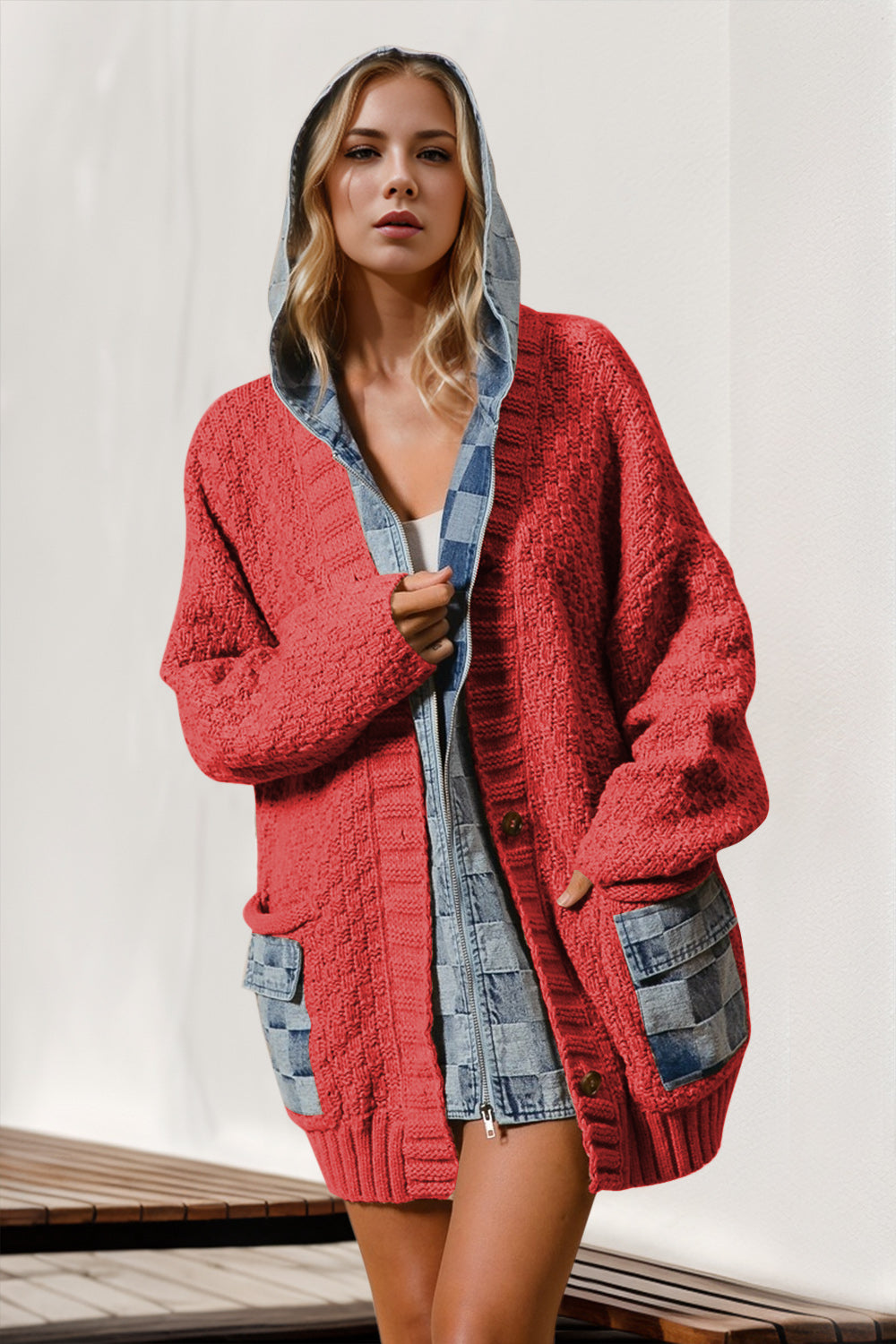 Full Size Hooded Denim Spliced Sweater Cardigan-Cardigans-Krush Kandy, Women's Online Fashion Boutique Located in Phoenix, Arizona (Scottsdale Area)