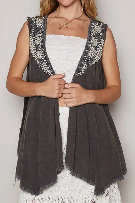 POL Embroidered Pearls Open Front Sleeveless Cardigan-Cardigan-Krush Kandy, Women's Online Fashion Boutique Located in Phoenix, Arizona (Scottsdale Area)