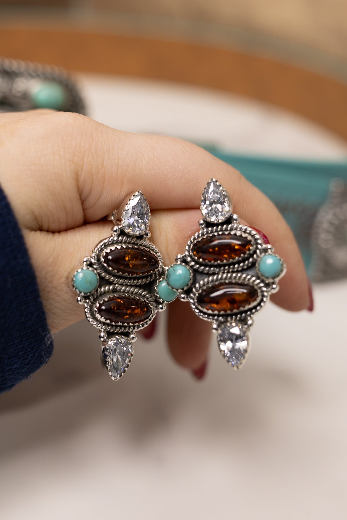 Amber, Turquoise & Crystal Cluster Stud Earrings-Stud Earrings-Krush Kandy, Women's Online Fashion Boutique Located in Phoenix, Arizona (Scottsdale Area)