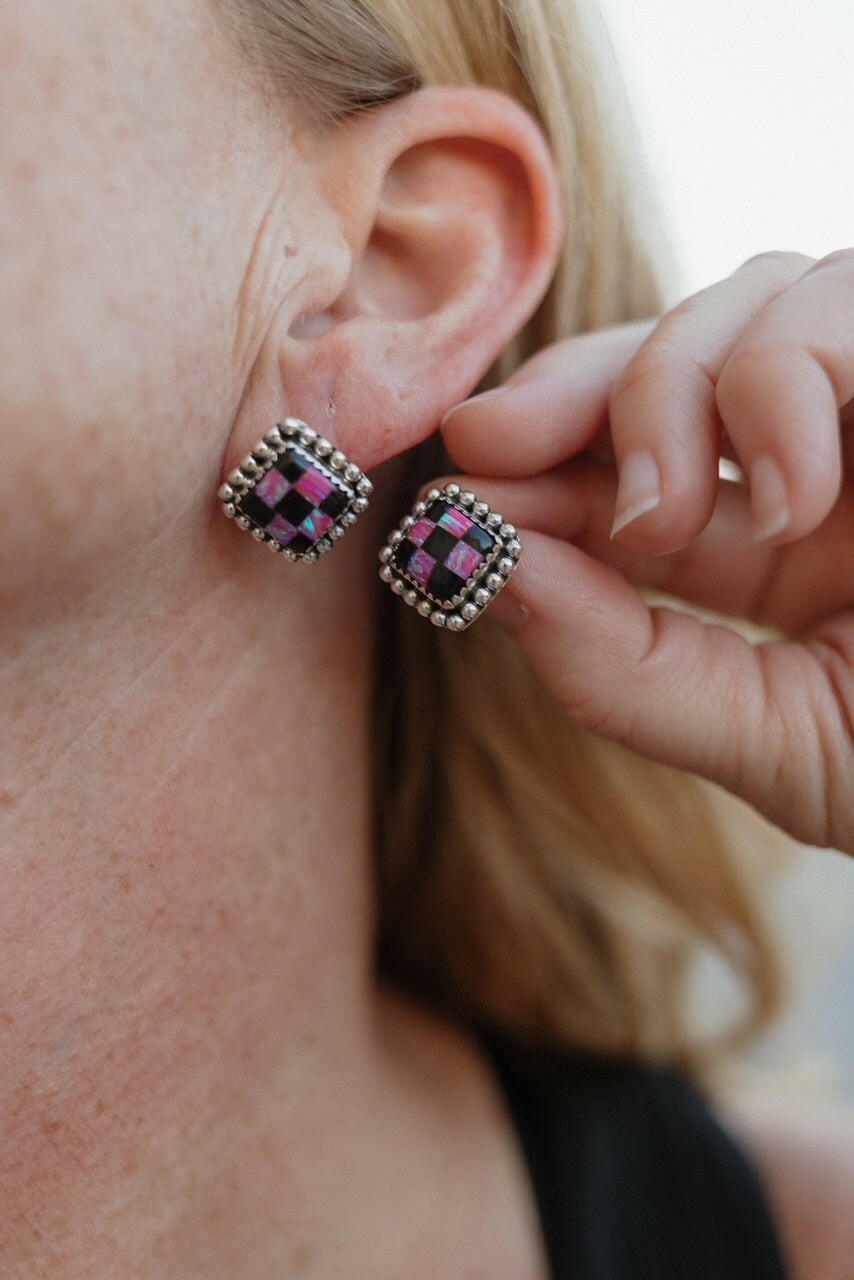 Checkered Studded Stud Earrings-Stud Earrings-Krush Kandy, Women's Online Fashion Boutique Located in Phoenix, Arizona (Scottsdale Area)