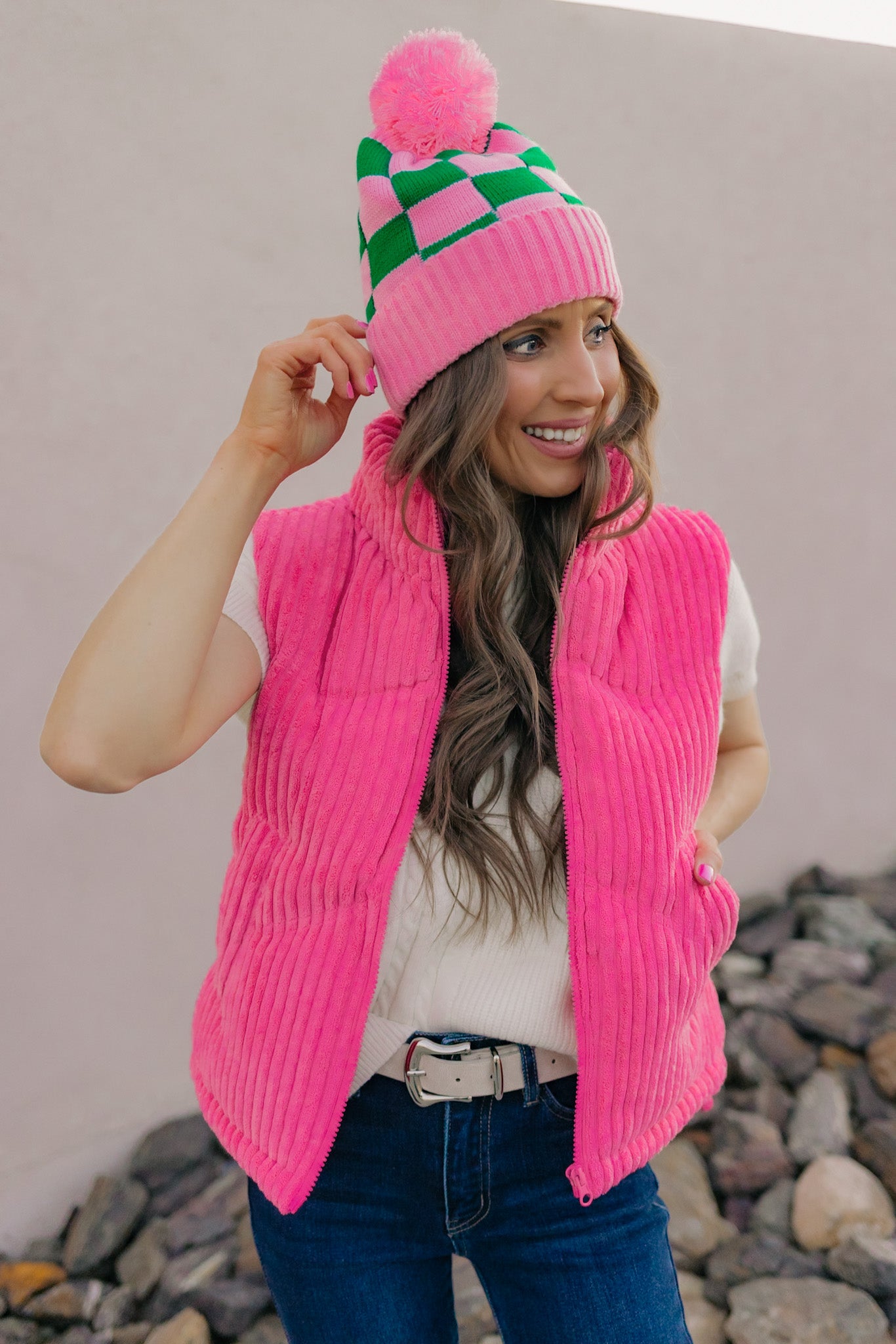 Pink and Green Pom-Pom Beanie (2 Designs)-Hats-Krush Kandy, Women's Online Fashion Boutique Located in Phoenix, Arizona (Scottsdale Area)