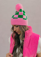 Pink and Green Pom-Pom Beanie (2 Designs)-Hats-Krush Kandy, Women's Online Fashion Boutique Located in Phoenix, Arizona (Scottsdale Area)