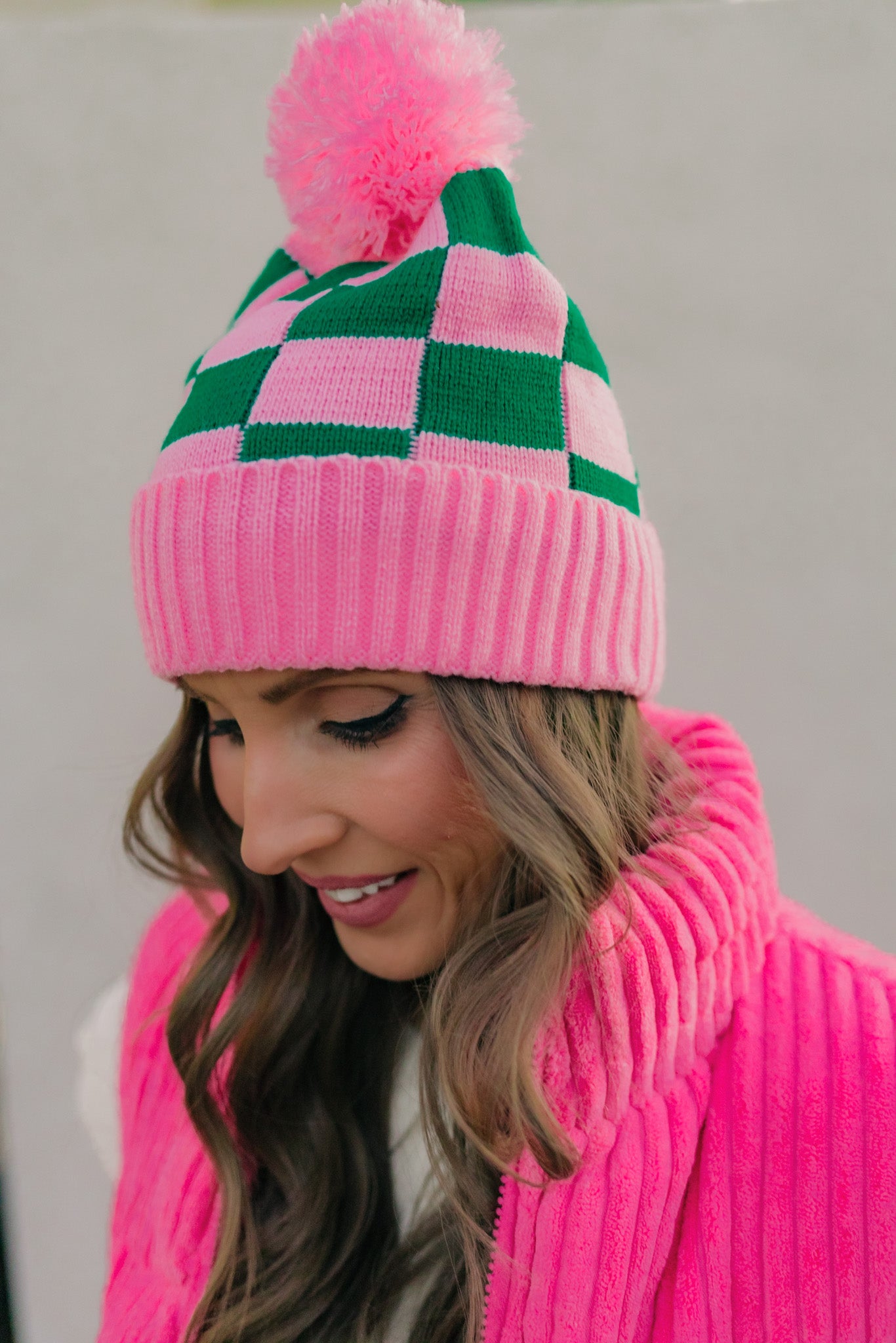 Pink and Green Pom-Pom Beanie (2 Designs)-Hats-Krush Kandy, Women's Online Fashion Boutique Located in Phoenix, Arizona (Scottsdale Area)