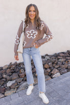 Daisy Doodle Half Zip Flower Sweater-Sweaters-Krush Kandy, Women's Online Fashion Boutique Located in Phoenix, Arizona (Scottsdale Area)