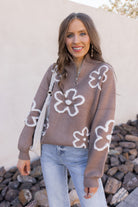 Daisy Doodle Half Zip Flower Sweater-Sweaters-Krush Kandy, Women's Online Fashion Boutique Located in Phoenix, Arizona (Scottsdale Area)