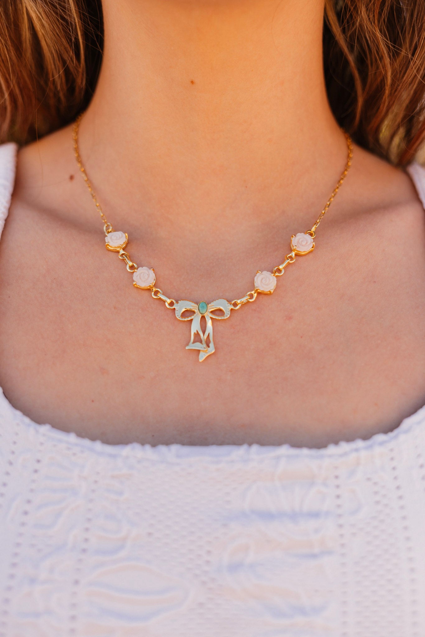 Pink Conch & Turquoise Gold Bow Necklace-Necklaces-Krush Kandy, Women's Online Fashion Boutique Located in Phoenix, Arizona (Scottsdale Area)