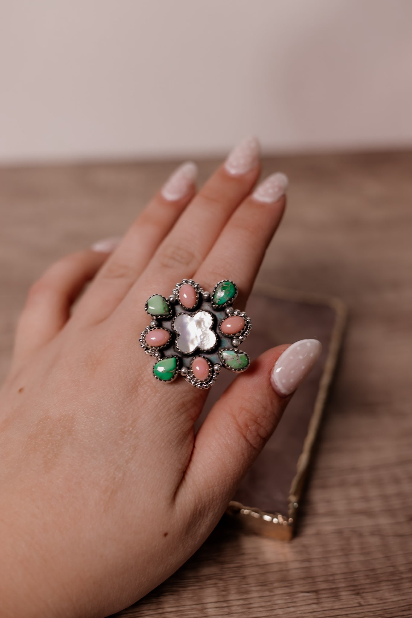 White Shell Clover & Multi Stone Ring-Rings-Krush Kandy, Women's Online Fashion Boutique Located in Phoenix, Arizona (Scottsdale Area)