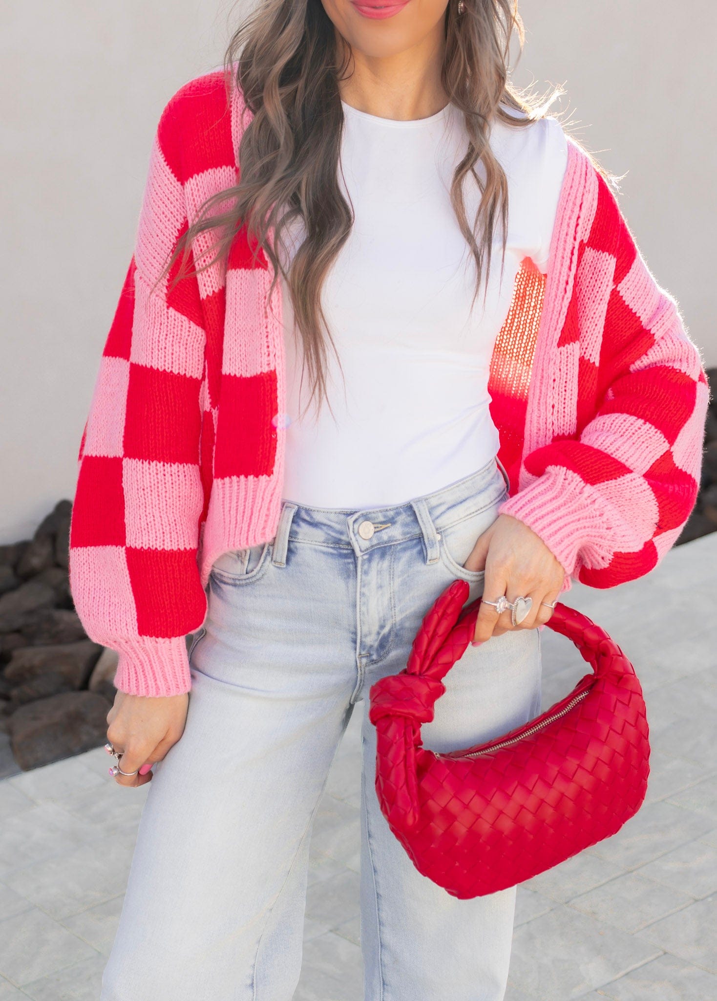 Cupid's Valentine Red & Pink Checker Cardigan-Cardigan-Krush Kandy, Women's Online Fashion Boutique Located in Phoenix, Arizona (Scottsdale Area)