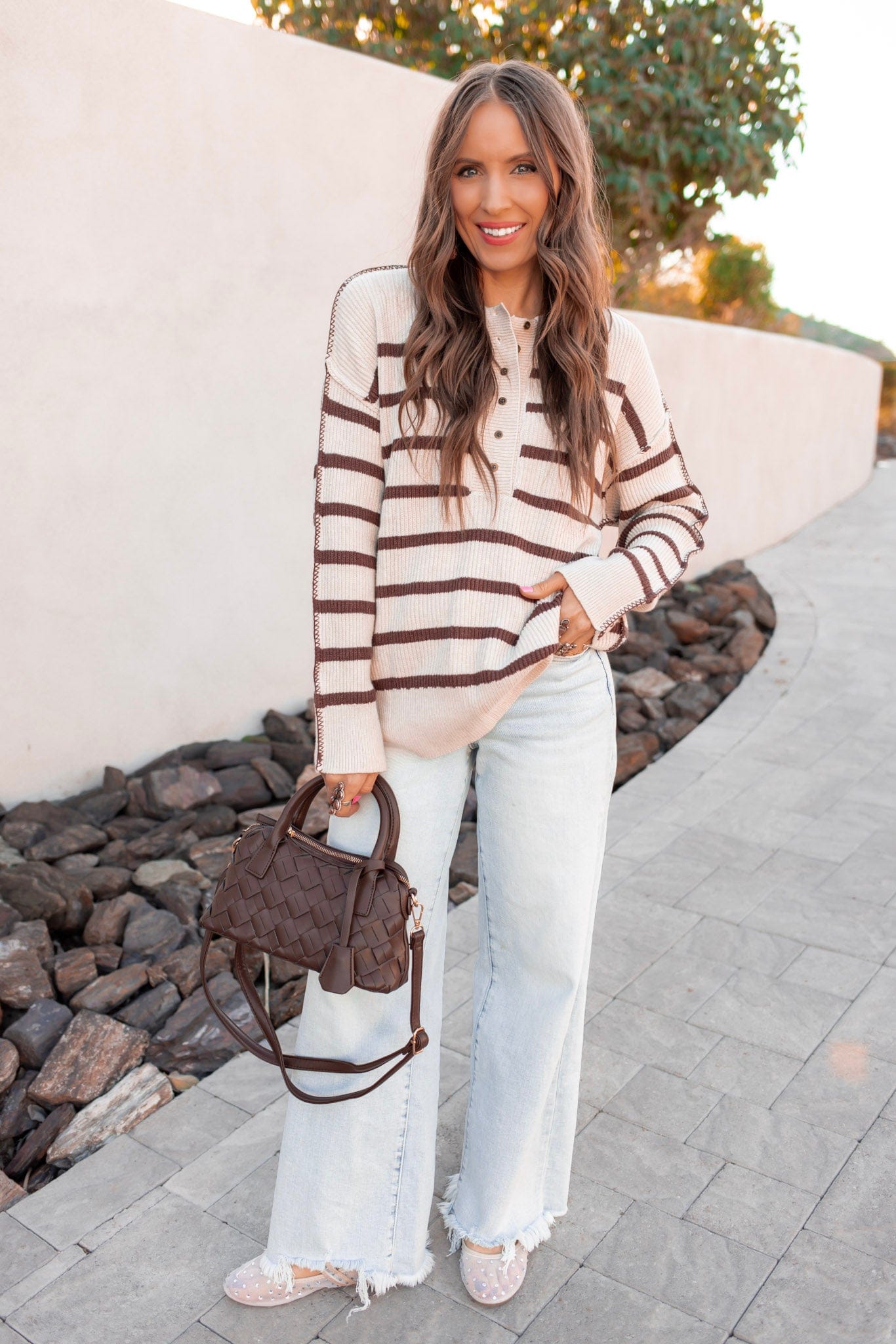 Sweet Espresso Stripe Ribbed Henley Slouchy Sweater-Sweater-Krush Kandy, Women's Online Fashion Boutique Located in Phoenix, Arizona (Scottsdale Area)