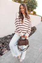 Sweet Espresso Stripe Ribbed Henley Slouchy Sweater-Sweater-Krush Kandy, Women's Online Fashion Boutique Located in Phoenix, Arizona (Scottsdale Area)