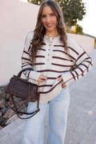 Sweet Espresso Stripe Ribbed Henley Slouchy Sweater-Sweater-Krush Kandy, Women's Online Fashion Boutique Located in Phoenix, Arizona (Scottsdale Area)
