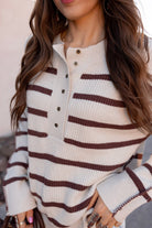 Sweet Espresso Stripe Ribbed Henley Slouchy Sweater-Sweater-Krush Kandy, Women's Online Fashion Boutique Located in Phoenix, Arizona (Scottsdale Area)